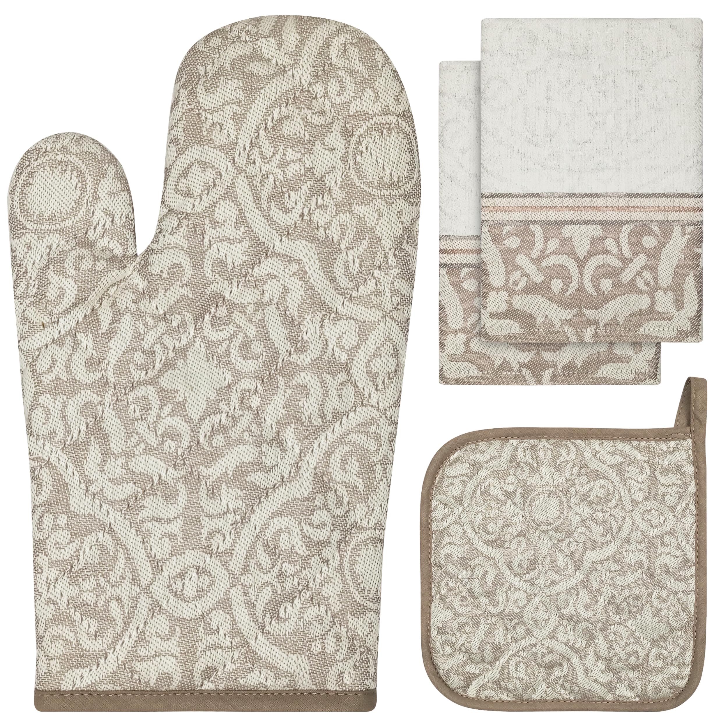 Oven Gloves & Pot Holders 4pc Set - 100% Cotton Heat Resistant up to 250 Degree Oven Mitts Pair with Hanging Loop, Premium Quality Non-Slip Oven Mitt & Pot Holder for Kitchen | Beige