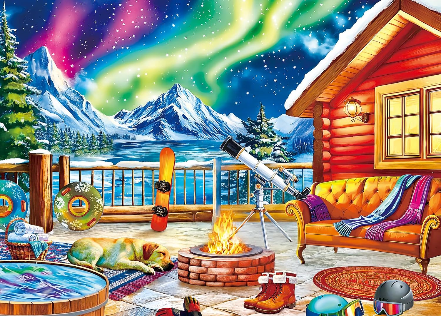 500 Piece Puzzles for Adults Clearance - Winter Jigsaw Puzzles - Northern Lights Lounge Cabin