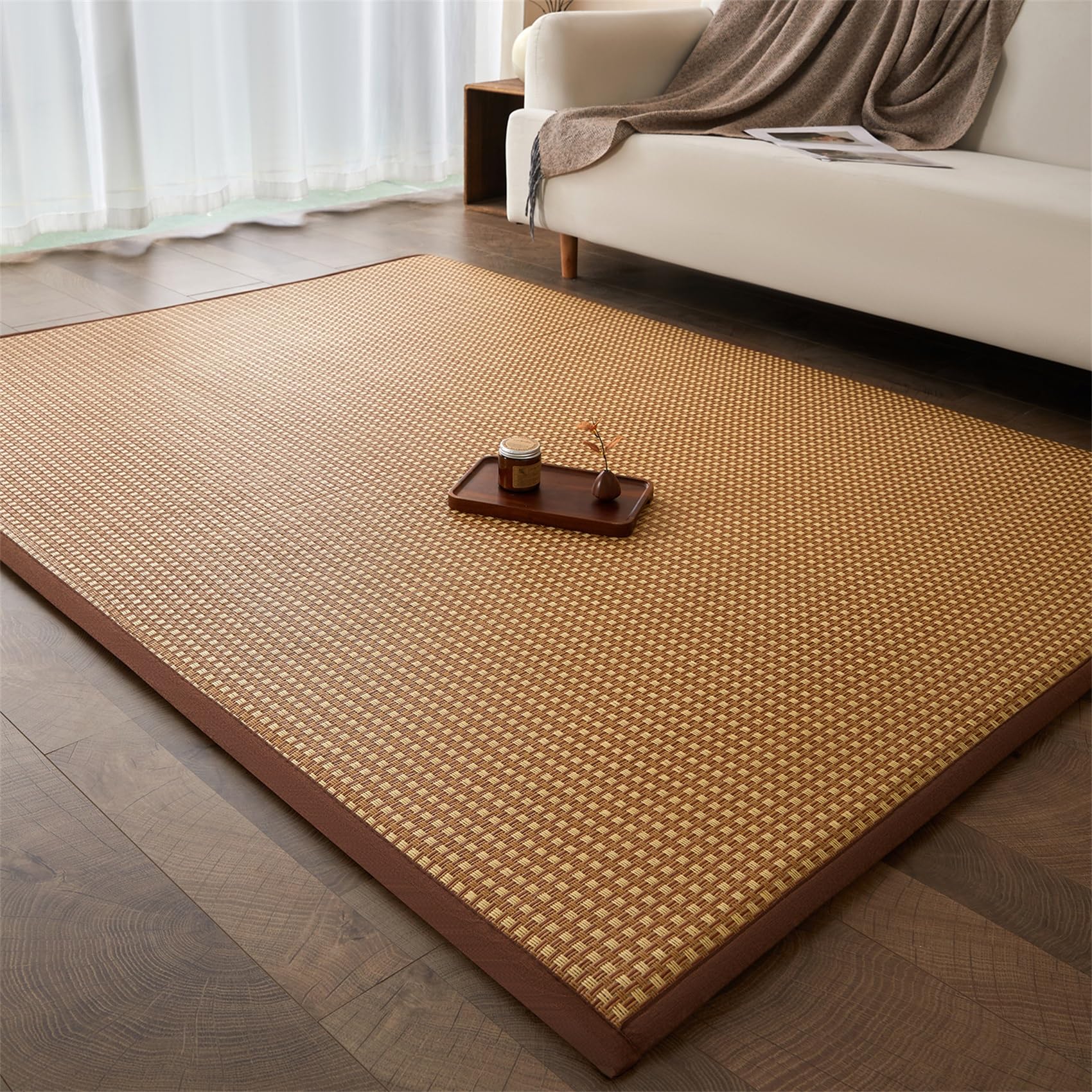 GUOIOOI Foldable Floor Mattress,Japanese Tatami Mat Portable Non-Slip Cooling Traditional Natural Rattan Woven Mat for Office Nap, Dorm Room, Picnic, Yoga, Car Travel, Adults(Brown,79x118in)