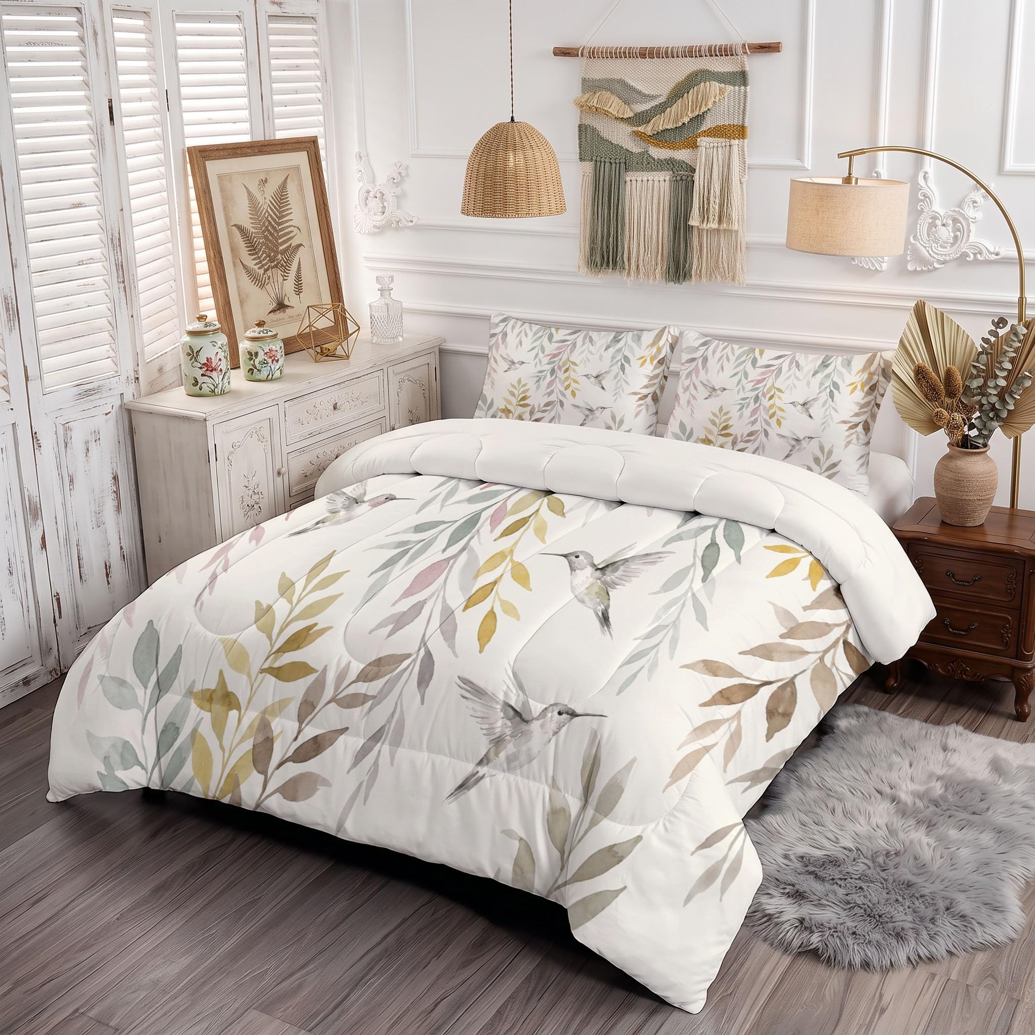 Copriletto Trapuntato Per Bambini Con Semplici Fiori E Uccelli Ad Acquerello | Trapunta Matrimoniale Invernale, Beige, Piumone Caldo Morbido Foglie Verdi Animali Per Decorazione Camera Da Letto