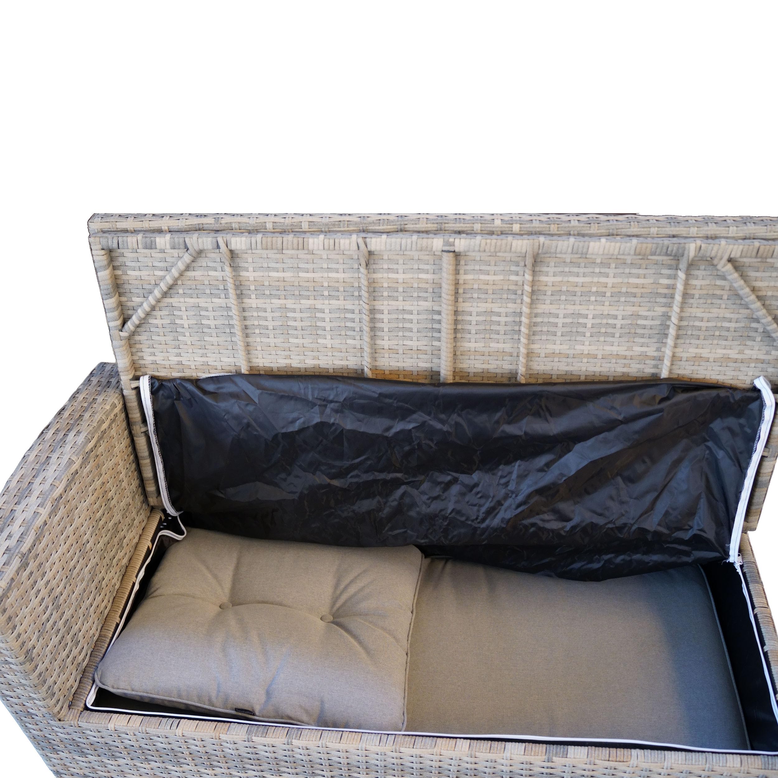 Ragnarök-Möbeldesign hohe Dining Lounge - DEUTSCHE Hersteller PolyRattan Gartenmöbel Weißes GlasZwei hellbraune Halbkreissofas graue Kissen