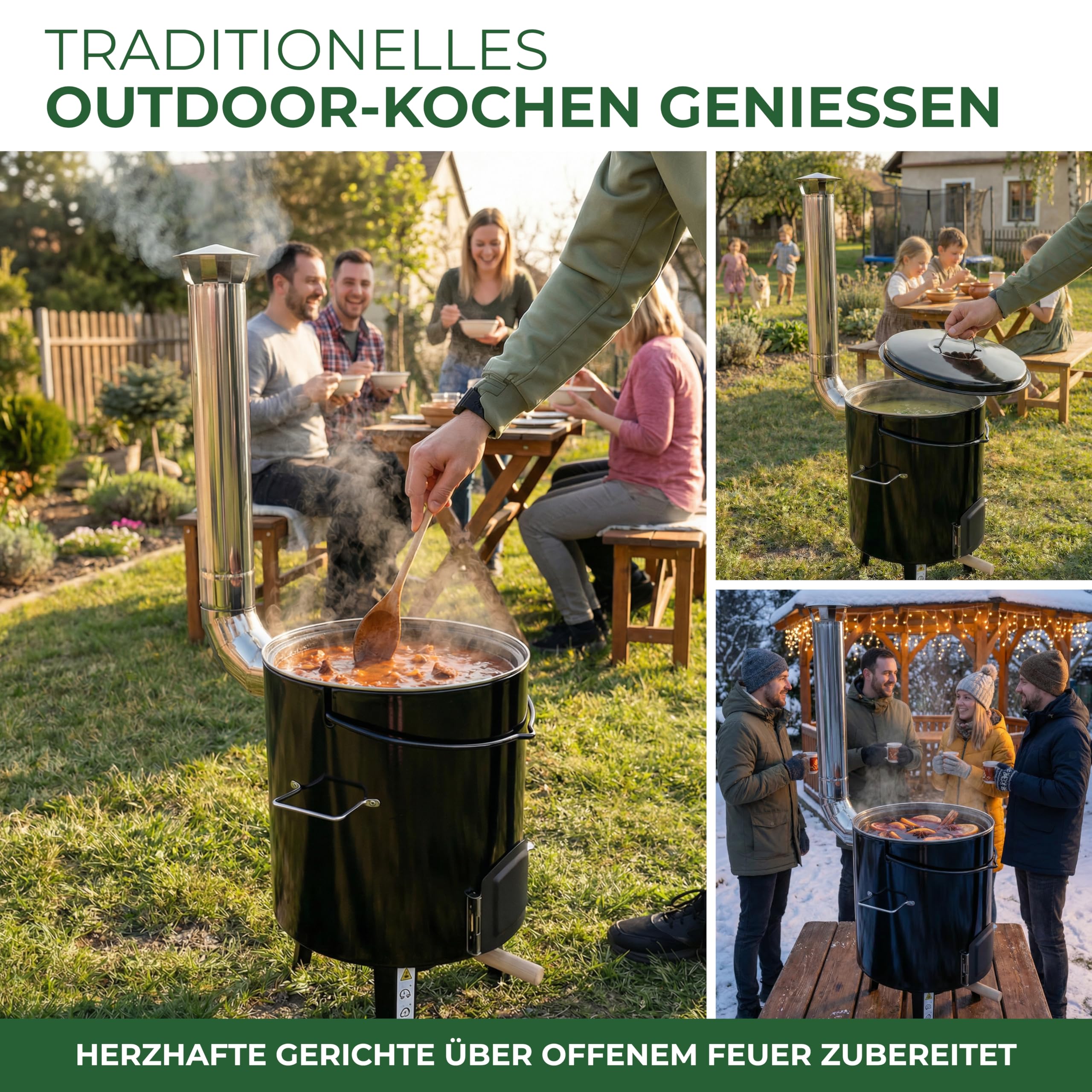 STREND PRO Gulaschkanone 14 Liter Komplett-Set emaillierter Gulaschkessel Outdoor Gulaschkocher für Holzfeuer Edelstahlkamin