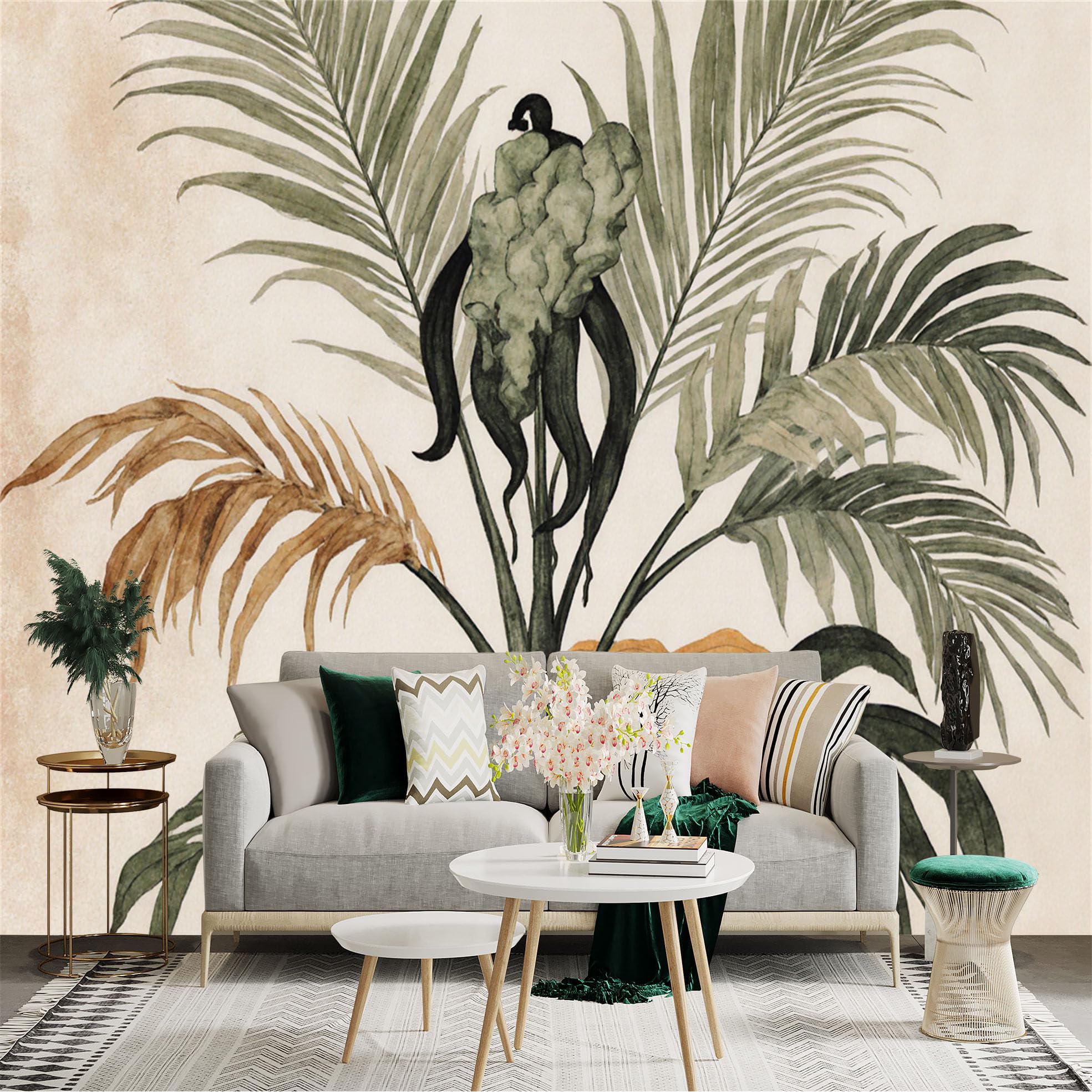 Custom Size Wall Sticker Mural， Watercolor Tropical Palm Leaves， Vintage Botanical Plant Illustration， Earthy Toned Foliage Art， for wall Decoration， peelandstick wall Decals.