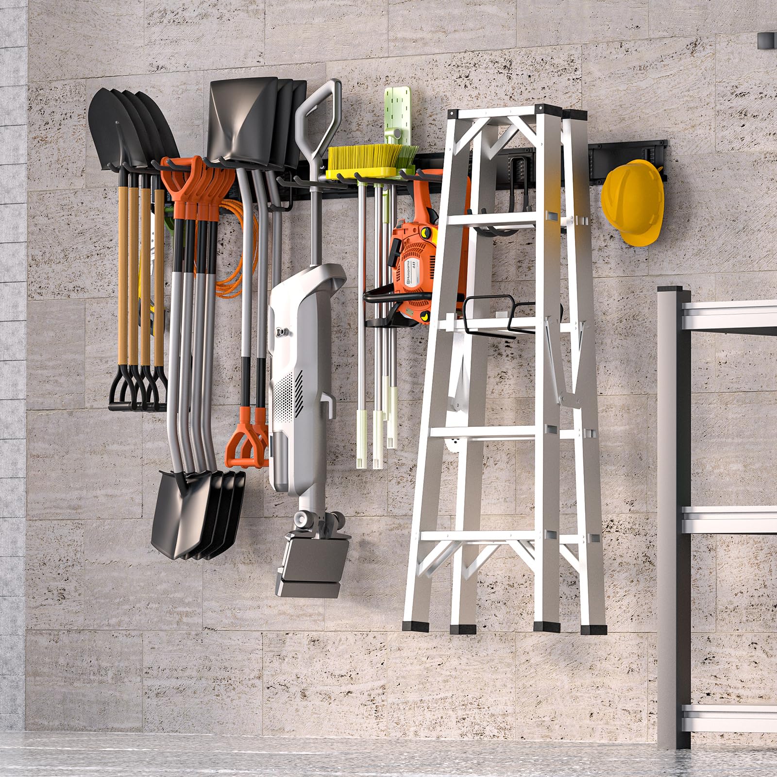 Organizador de herramientas de garaje, soporte de pared, organizador de herramientas de jardín, organizador de garaje de almacenamiento de 64 pulgadas para garaje y jardín con ganchos