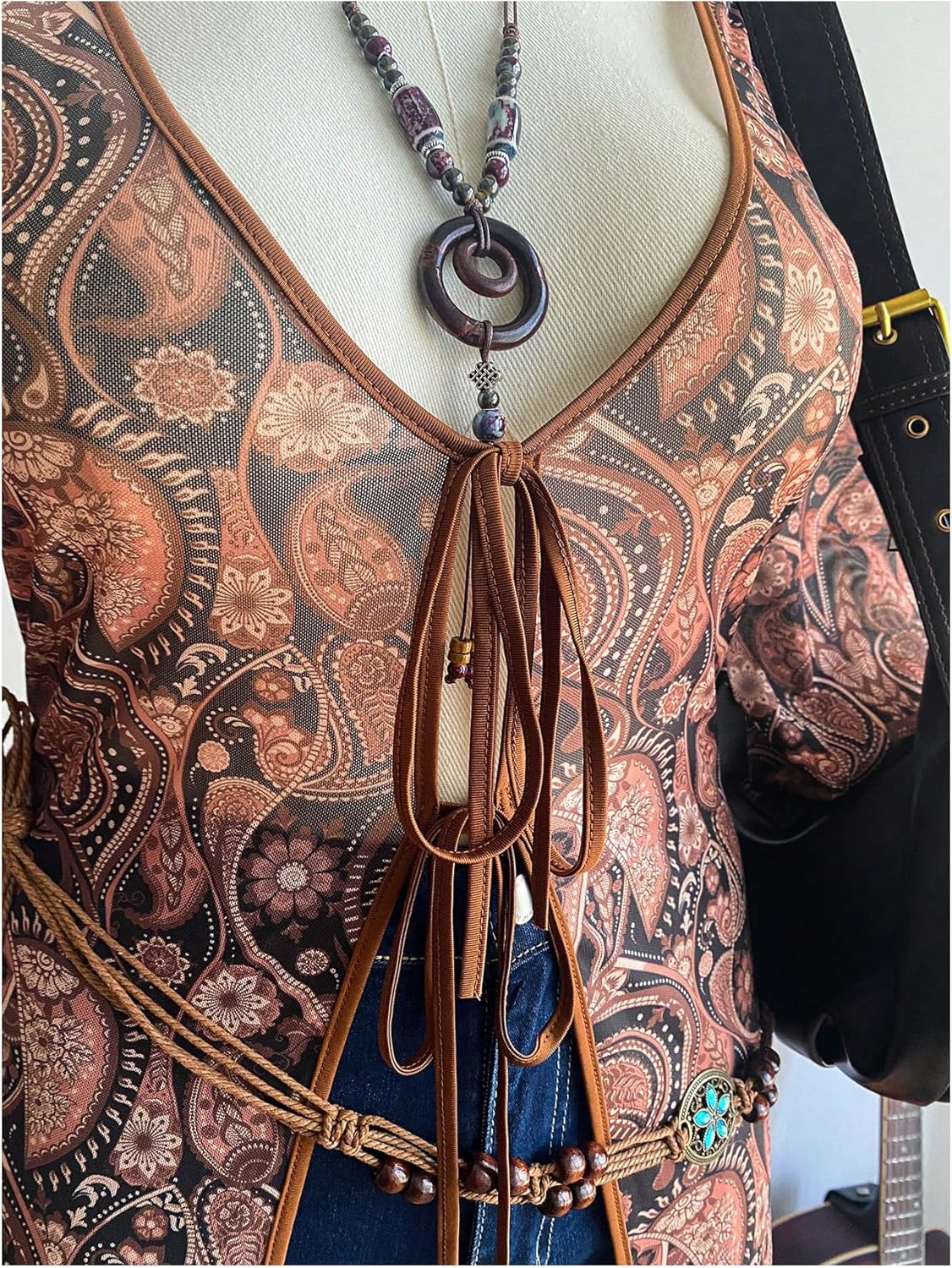 Floerns Women's Plus Size Mesh Bell Sleeve Top Tie Front Paisley Boho V Neck Peplum Long Cover Up Tops Blouse - Image 4