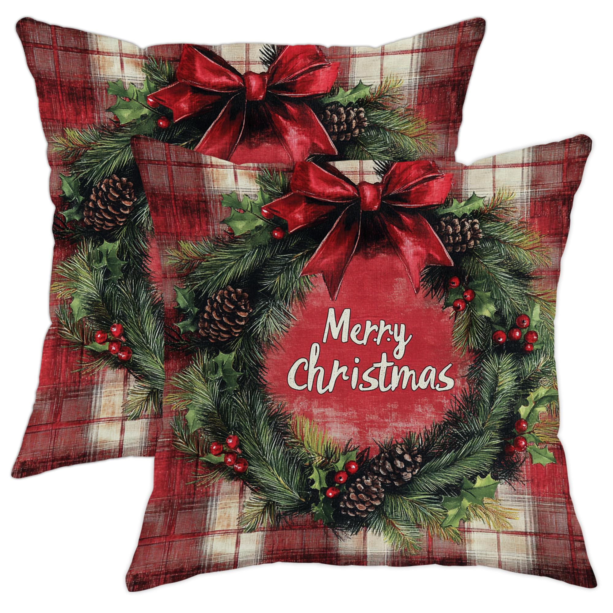 Merry Christmas Wreath Throw Pillow Covers, Red Plaid Winter Holiday Cushion Cases, Festive Decor for Home Sofa Bedroom Living Room 18x18 Inch