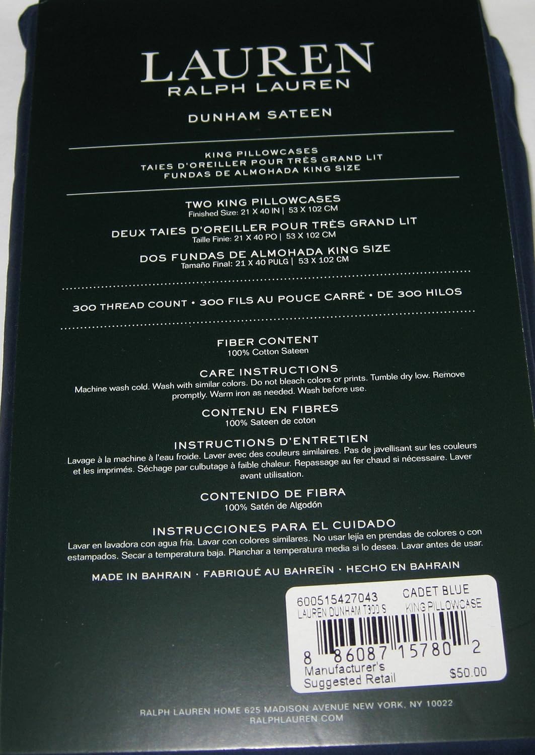 Ralph Lauren Dunham Sateen King Pillowcases 300 Thread Count 100% Cotton Cadet Blue 2 Pack