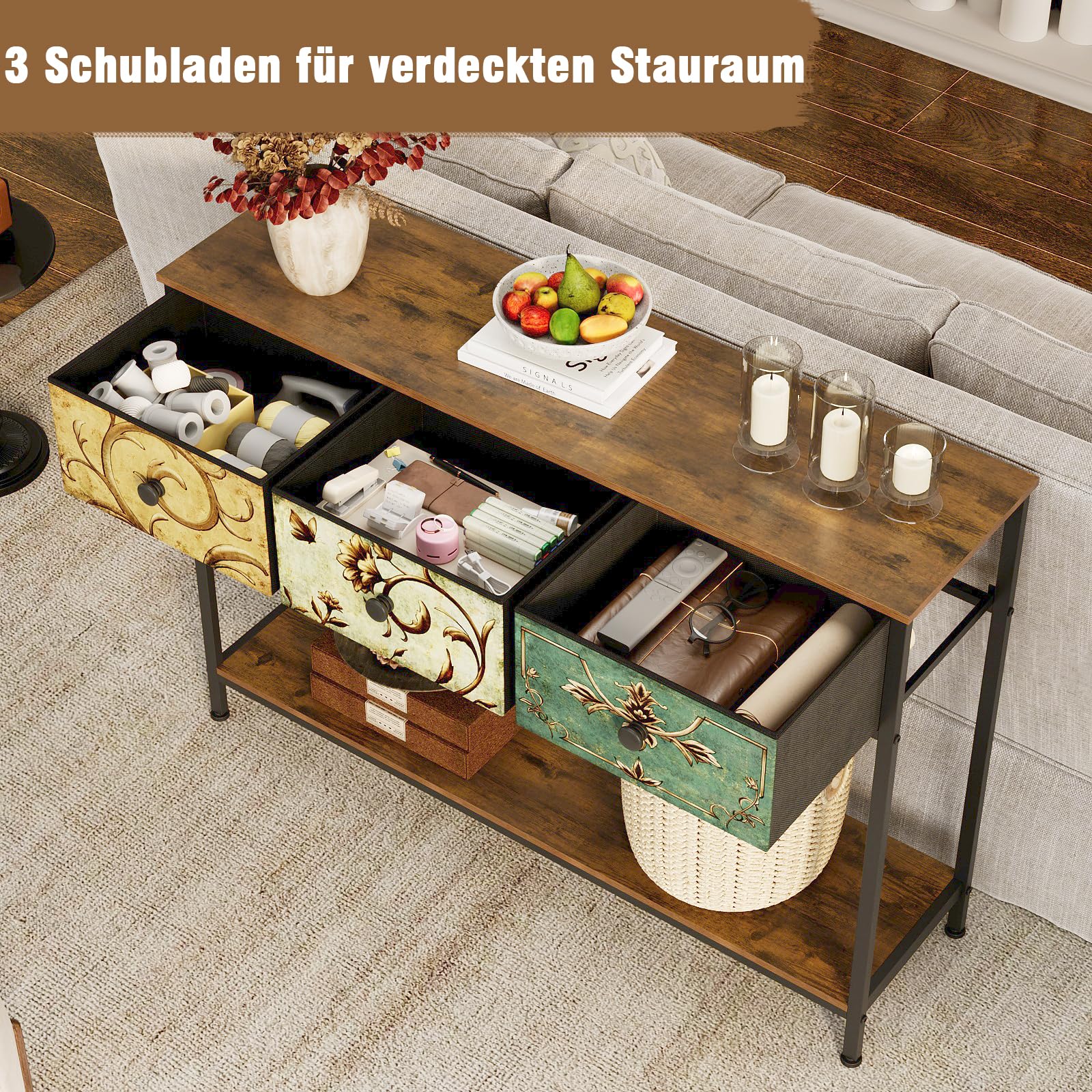 VEDECASA Konsolentisch Beistelltisch mit 3 Stoffschubladen Flurtisch mit Offenen Ablagefächern Eingangtisch Sofatisch für Flur Wohnzimmer Schlafzimmer Holz Metallrahmen einfache Montage Vintage Braun