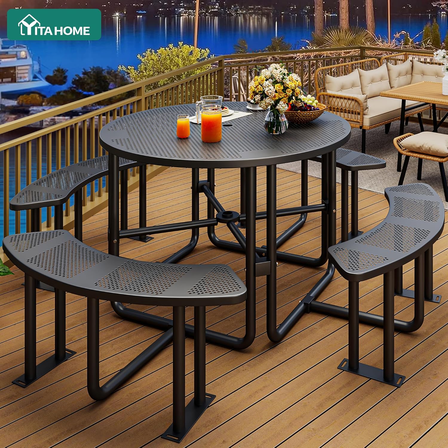 YITAHOME 37in Metal Picnic Table, Powder Coated Outdoor Picnic Table with Heavy-Duty Steel Frame, Adjustable Seats & Umbrella Hole for Yard, Patio, Lawn, Party, Black, Round