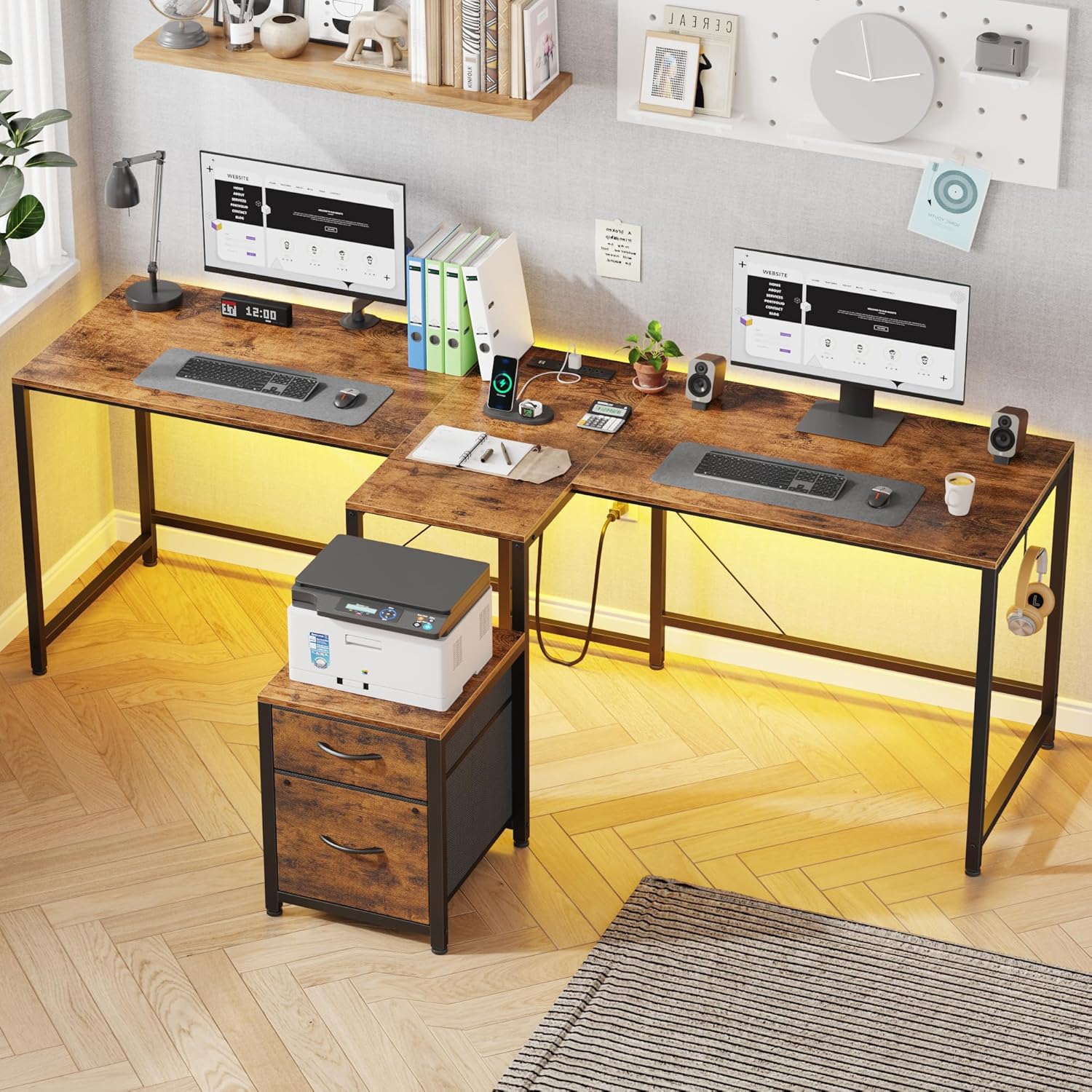 HIGDBFE T-Shaped 81.2'' 2 Person Desk with Power Outlets, LED Lights & File Drawers - Rustic Brown Home Office Gaming Workstation