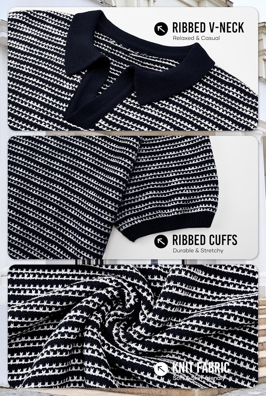 Men V Neck Polo Knit Striped Heavyweight Casual Poloshirts Summer Short Sleeve Shirt (S-XXL) - Image 5