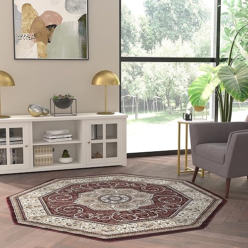 EMMA + OLIVER Samira - Alfombra octagonal color burdeos de 5 x 5 con elegante centro de medallón floral y detalles florales y de vid en beige, verde