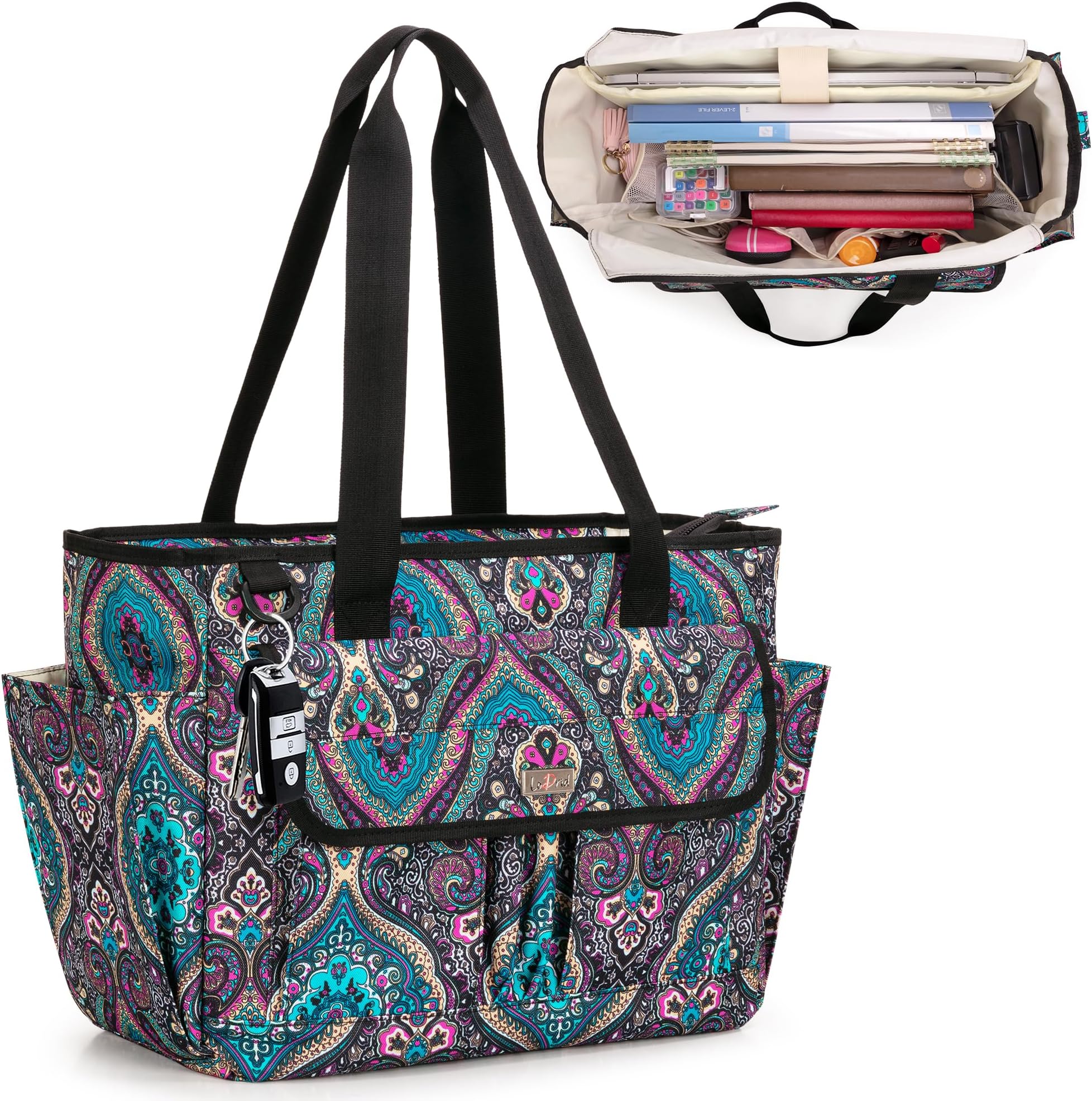 LoDridTeacher Tote Bag with 15.6โ Laptop Padded Sleeve, Utility Bag with Top Zipper Closure and Large Compartment for Work