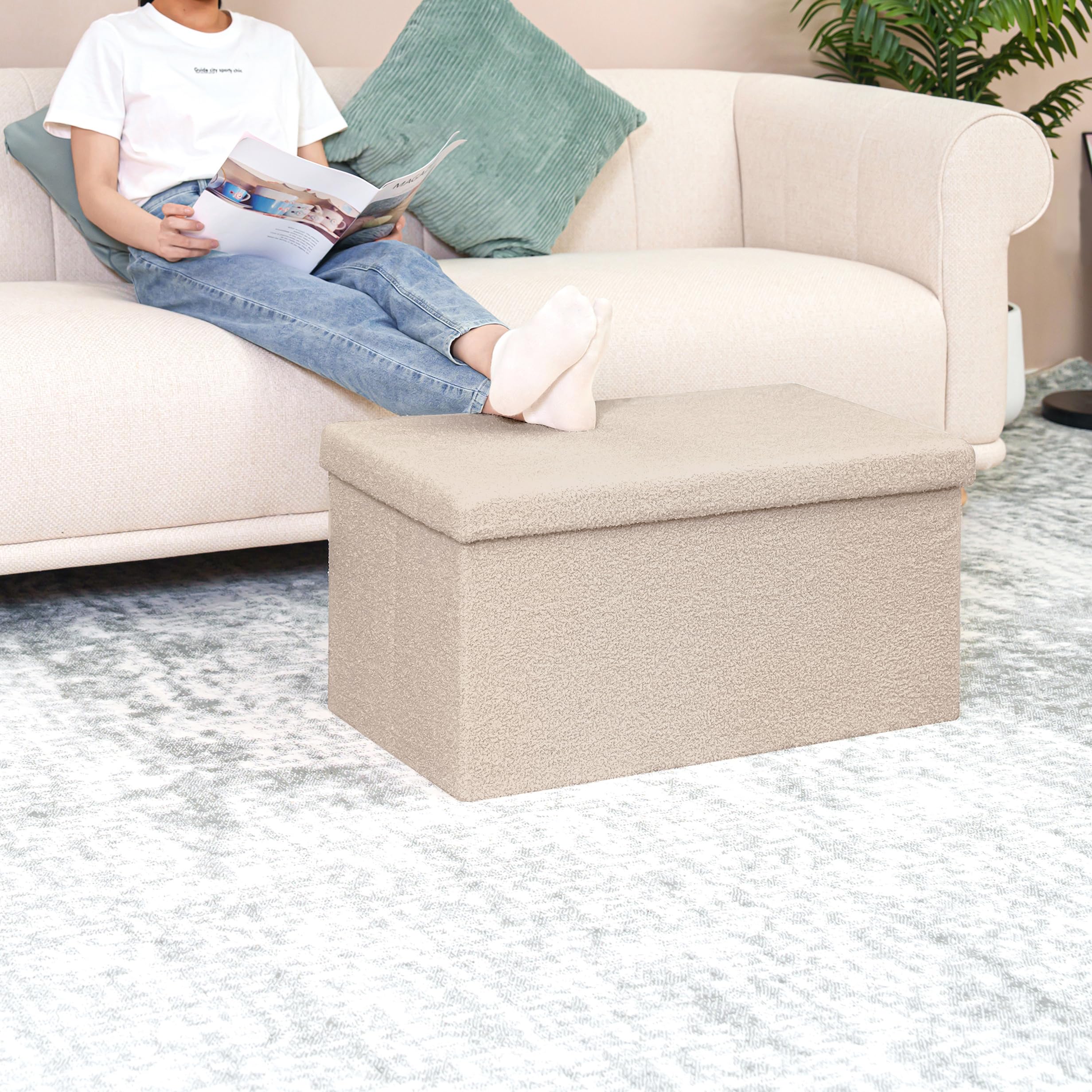 Bonlife Faltbarer Sitzhocker mit Stauraum, Faltbare Sitzbank, Webpelz Fußbank Truhen Aufbewahrungsbox, Fleece, Beige,80x40x40cm