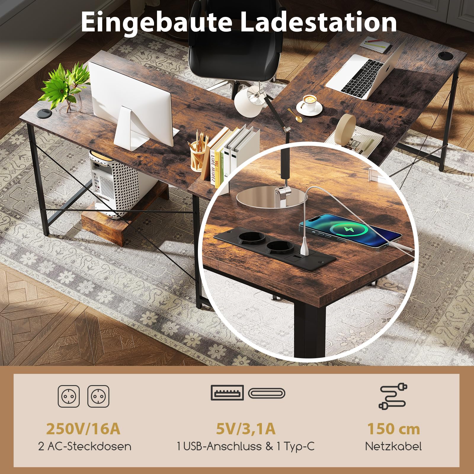 COSTWAY L-vormig bureau, omkeerbaar hoekbureau, hoektafel met