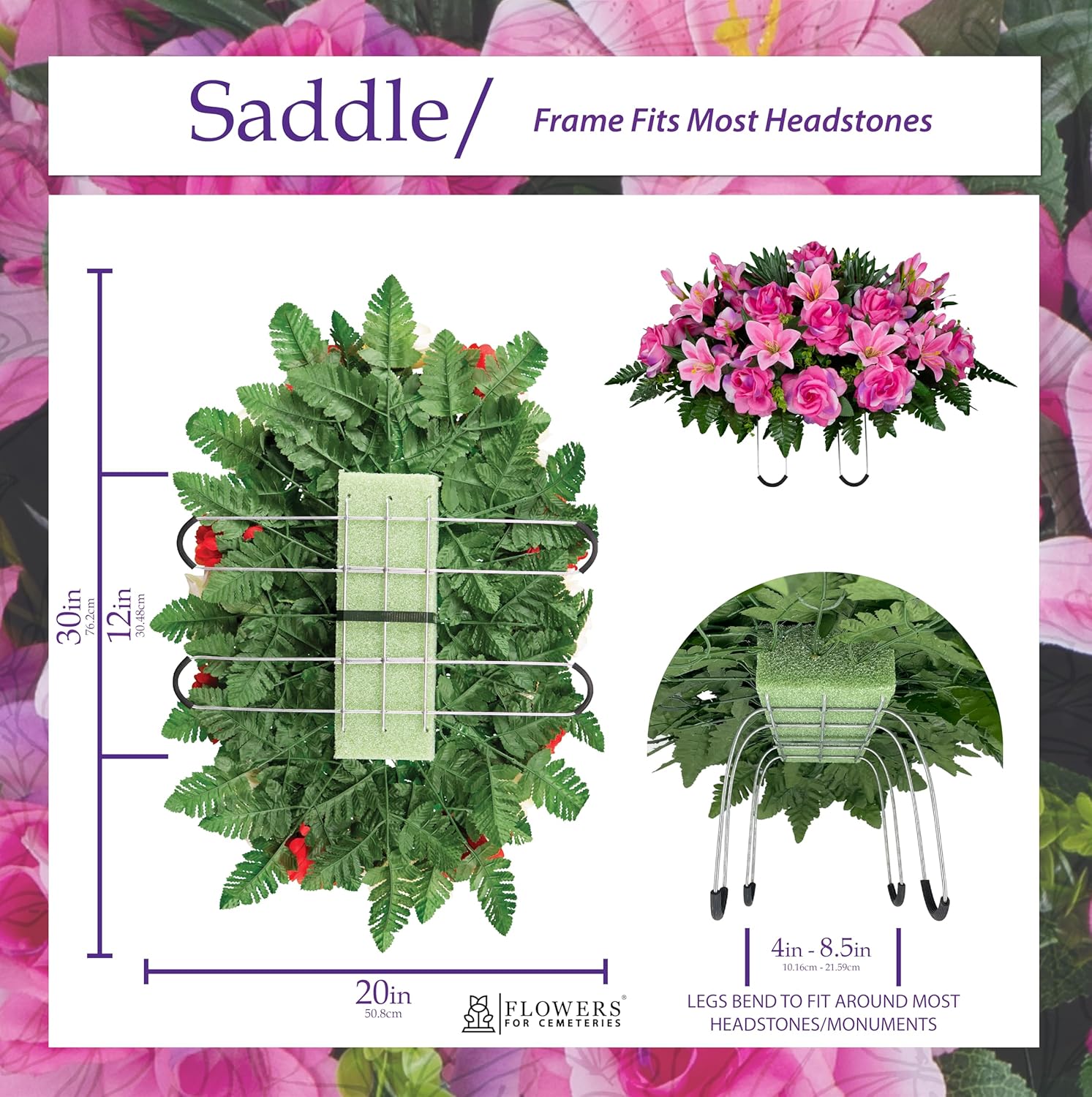 Sympathy Silks Artificial Cemetery Flowers - Gravesite Flowers - Pink Gladiolus Roses, Lilies - (1) Headstone Flower Saddle & (2) Matching Bouquet (2) Cemetery Vase Included