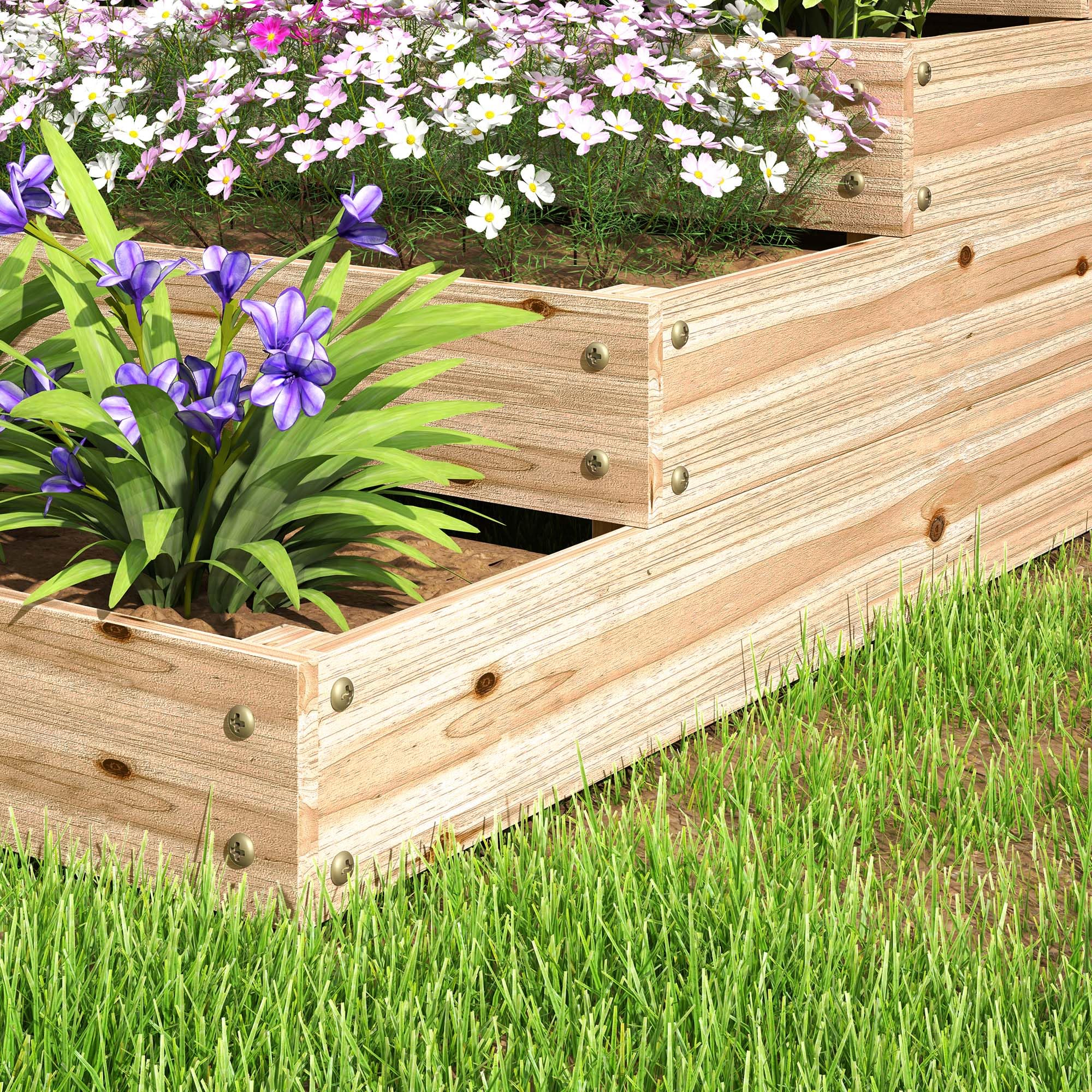 Outsunny Carré Potager de Jardin, jardinière en Bois Massif, lit de Jardin surélevé, sans Fond, 4 étages, pour Herbes légumes Fruits Fleurs, 113 x 113 x 46 cm, Bois Naturel