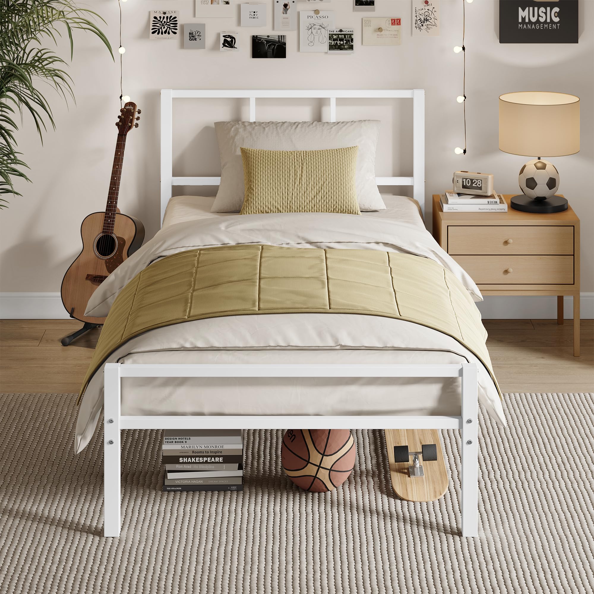 VASAGLE Single Bed Frame, 90 x 190 cm, with Slats and Headboard, Metal Platform Bed, Supports Up to 250 kg, Easy Assembly, Modern Bedroom Furniture, Matte White RMB291W101