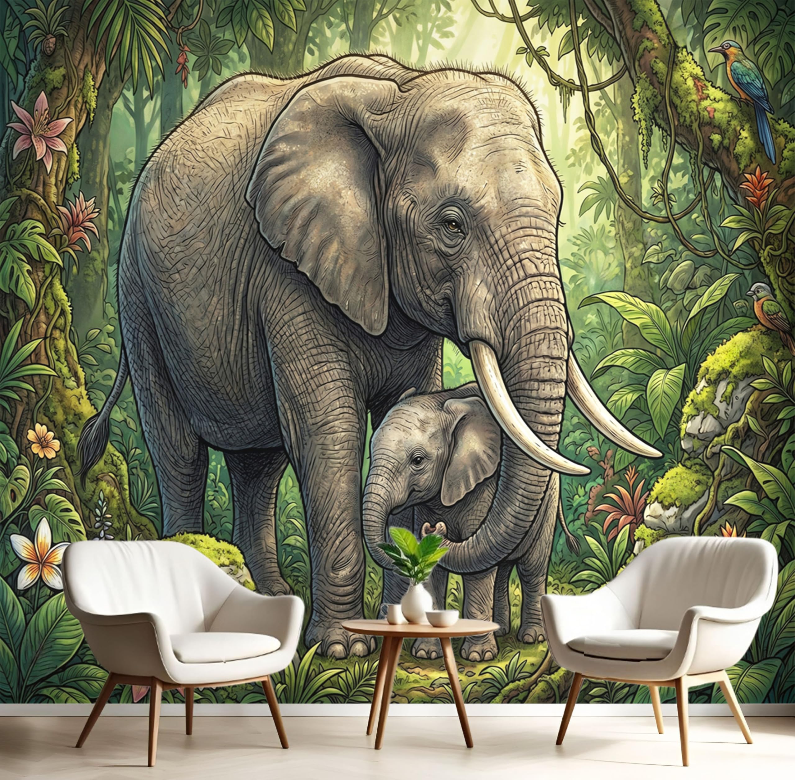 Papier peint jungle éléphants vert tableau poster mural 350x256
