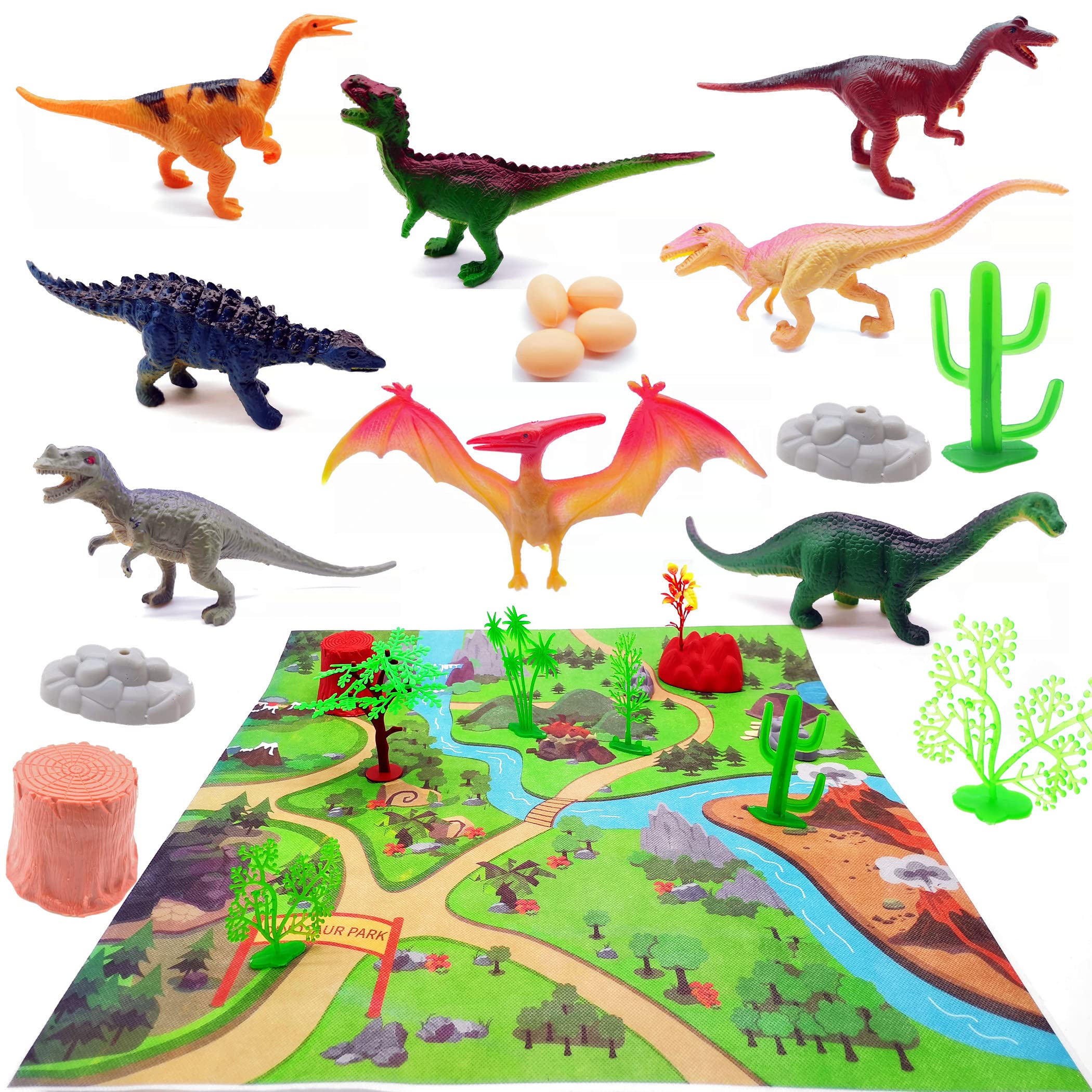 22pcs Dinosaurs Toys Play Set Figures Dinosaur Eggs Trees with Activity Play Mat Great Gift for Boys Girls