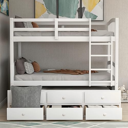 P PURLOVE Litera individual sobre individual con nido marco de litera de madera con escalera rieles de seguridad 3 cajones de almacenamiento para