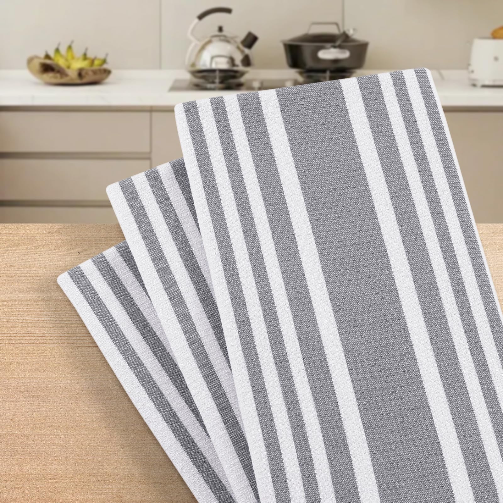 Homaxy Premium Kitchen Towels 18”x 28”, Large Cotton 380 GSM Kitchen Hand Towels, Stripe and Terry Dish Towel, Highly Absorbent Tea Towel Set with Hanging Loop, 6 Pack, Grey