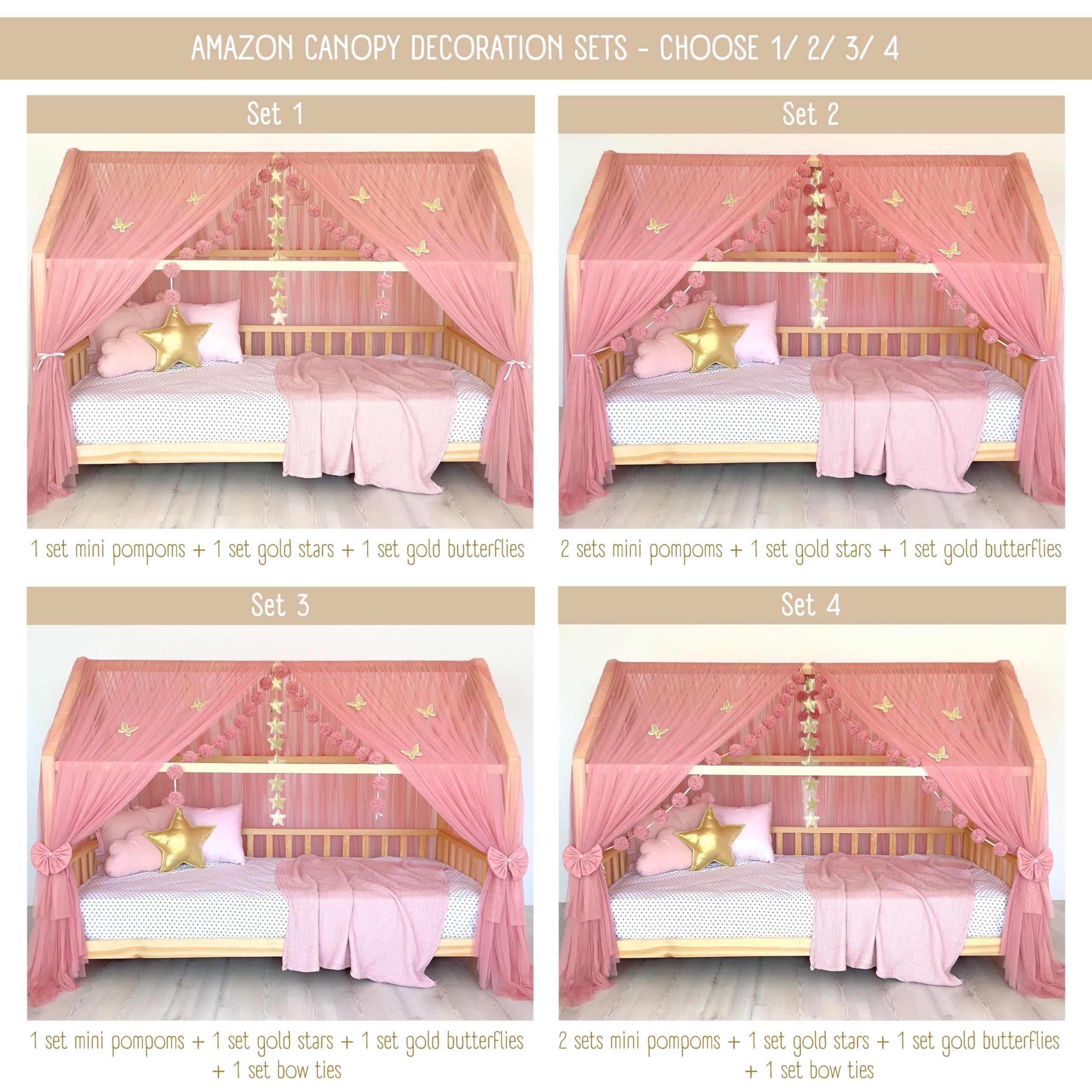 Toldo de cama estilo princesa para niñas, decoración de habitación de niños para camas Montessori, regalo de tul suave para niños pequeños (beige, 440 cm, juego 1)