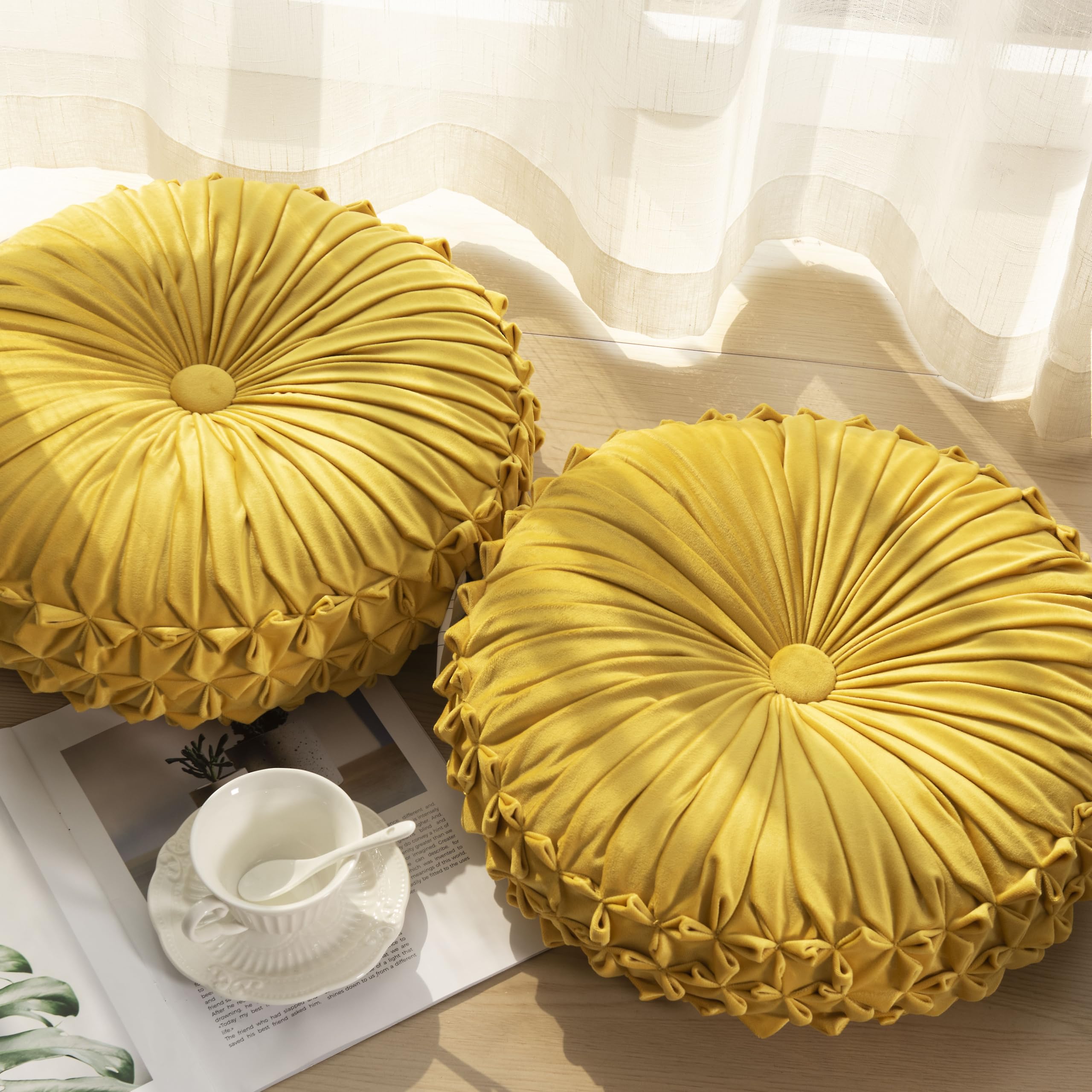 Photo 1 of BRHF Round Throw Pillow Set of 2 – Decorative Velvet Ruched Pumpkin Pillows with Button Center, Soft Handmade Cushions for Couch Sofa Bed Farmhouse Vintage Rustic Decor, 14.5" R, Yellow