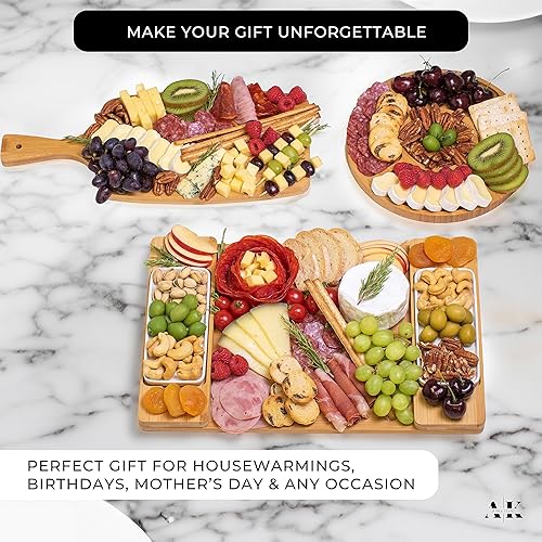 Miniatura 4 de Juego de 12 tablas de queso de bambú ecológicas  3 tablas grandes de madera para charcutería, 2 bandejas de cerámica, tenedores y abridor de vino