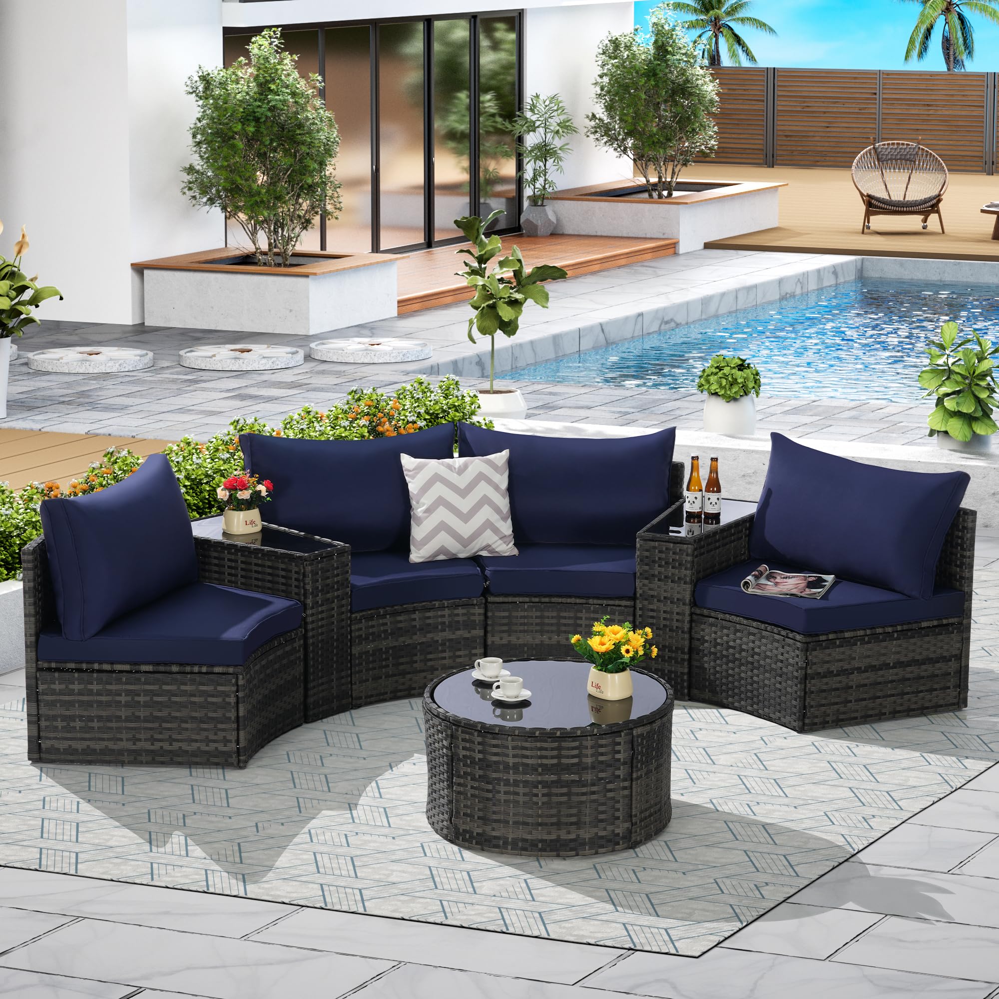 Photo 1 of **PARTIAL SET, MISSING MOST OF THE BOXES***Eafurn 7 Pieces Outdoor Patio Conversation Furniture Sets All Weather Wicker PE Rattan Half-Moon Curved Sectional Sofa with Round Coffee Table, 4 Pillows & Waterproof Cover for Backyard