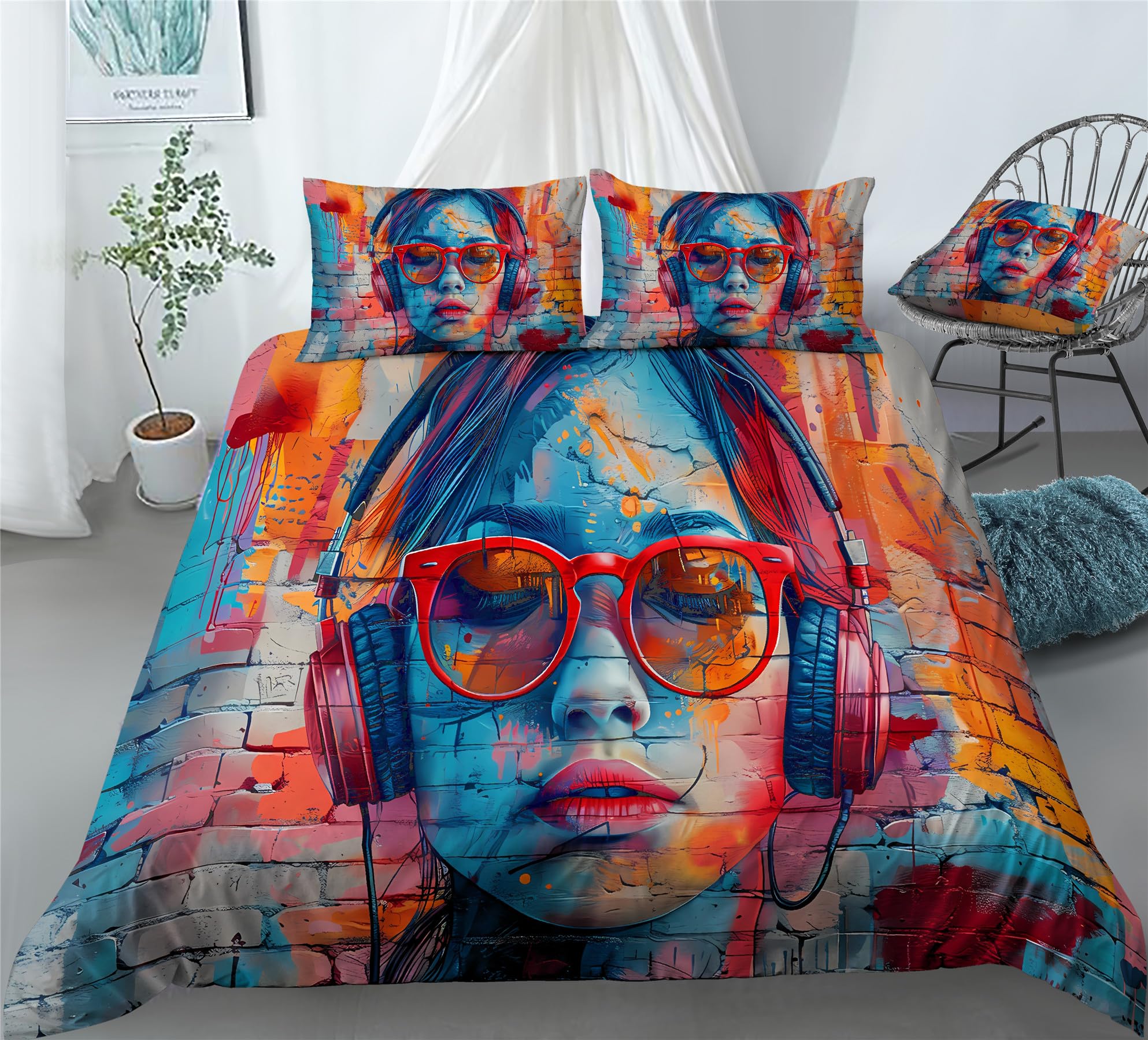 REALIN Colorful Music Headphones Duvet Cover Set Hand-Painted DJ Music Bedding Girl Boy Kids Bed Sets 3/4PCS Quilt Covers/Sheets/Pillow Shams,Twin/Full/Queen/King (C,Twin-172x218cm-4PCS)
