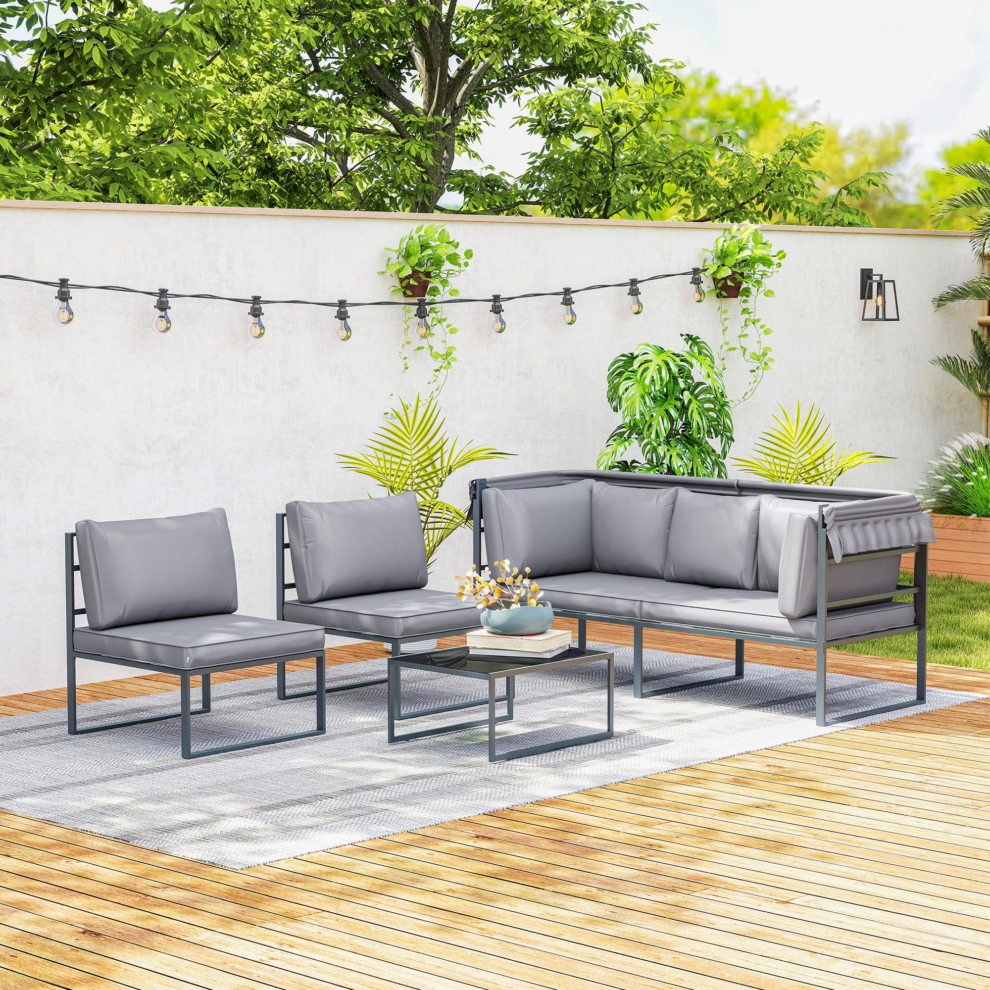 Outsunny Salon de Jardin extérieur 4 pièces modulaire avec canapé 3 Places, 2 fauteuils et Table Basse en Verre trempé, mobilier de Jardin avec Coussins Inclus pour terrasse ou véranda, Gris
