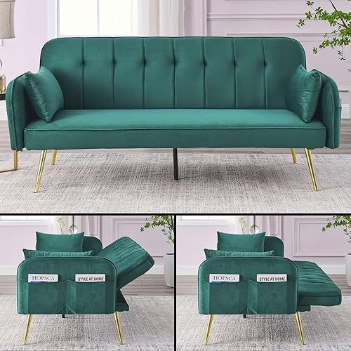 Klwenas Maec Sofá cama futón de terciopelo de 72 pulgadas, moderno sofá cama convertible con patas cromadas doradas y 3 respaldos ajustables y