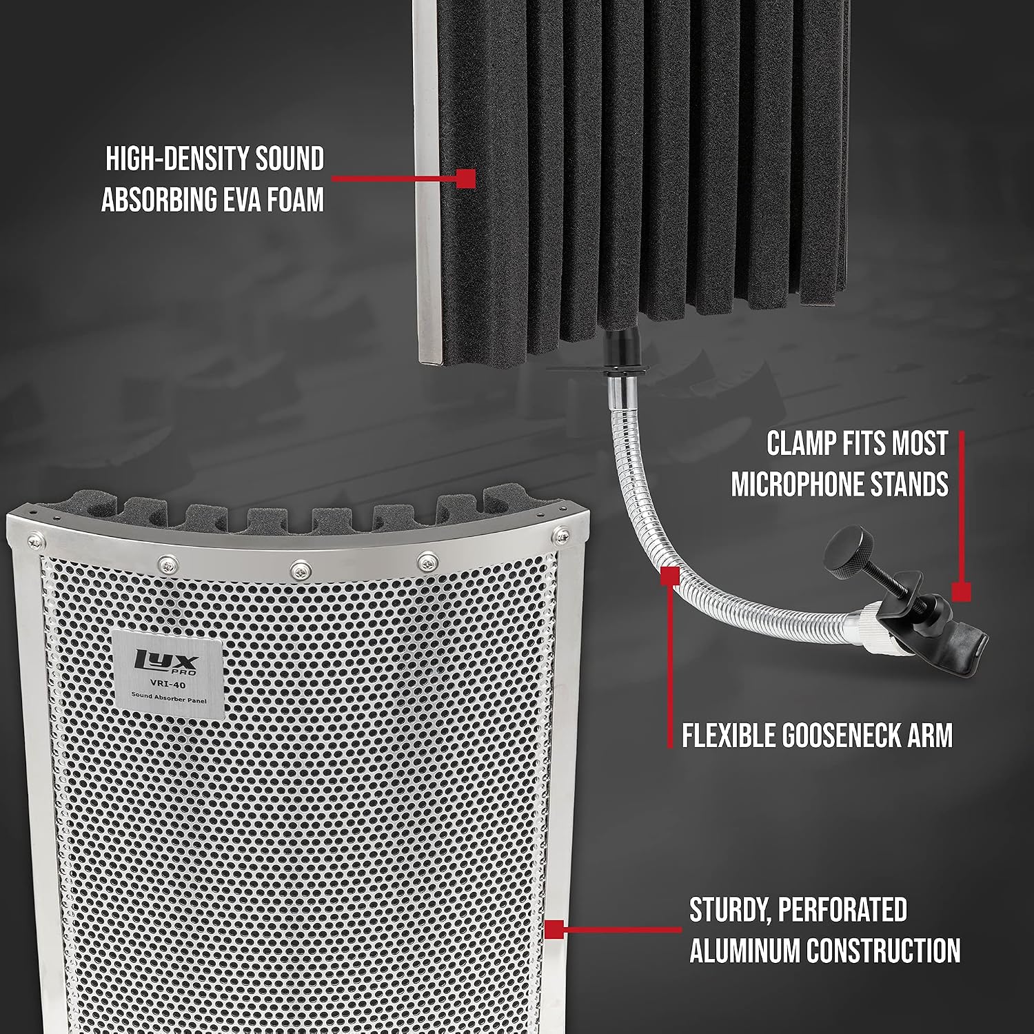 LyxPro VRI-40 Portable Acoustic Isolation Instrument Shield, Voice And Sound Absorbing, Reflection Panel with Heavy Duty Gooseneck