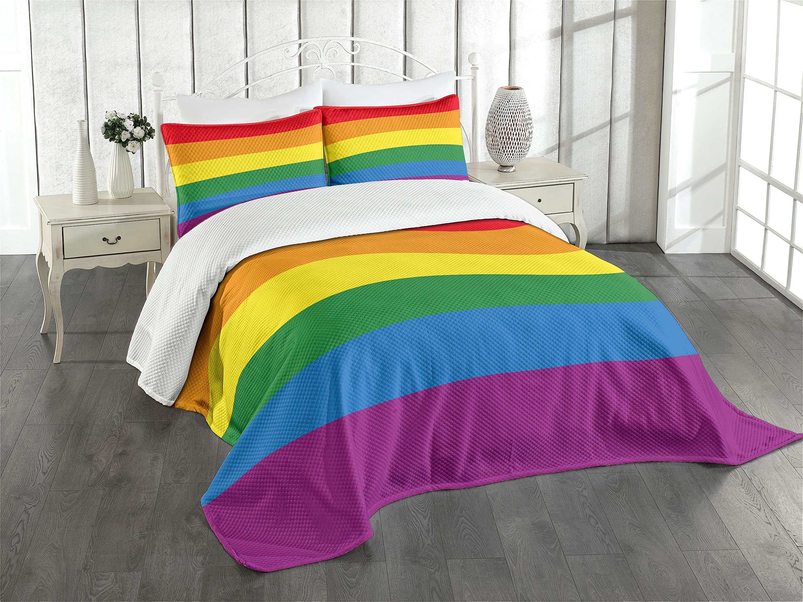 Colcha arcoíris King Ambesonne de 3 piezas con fundas para cama grande