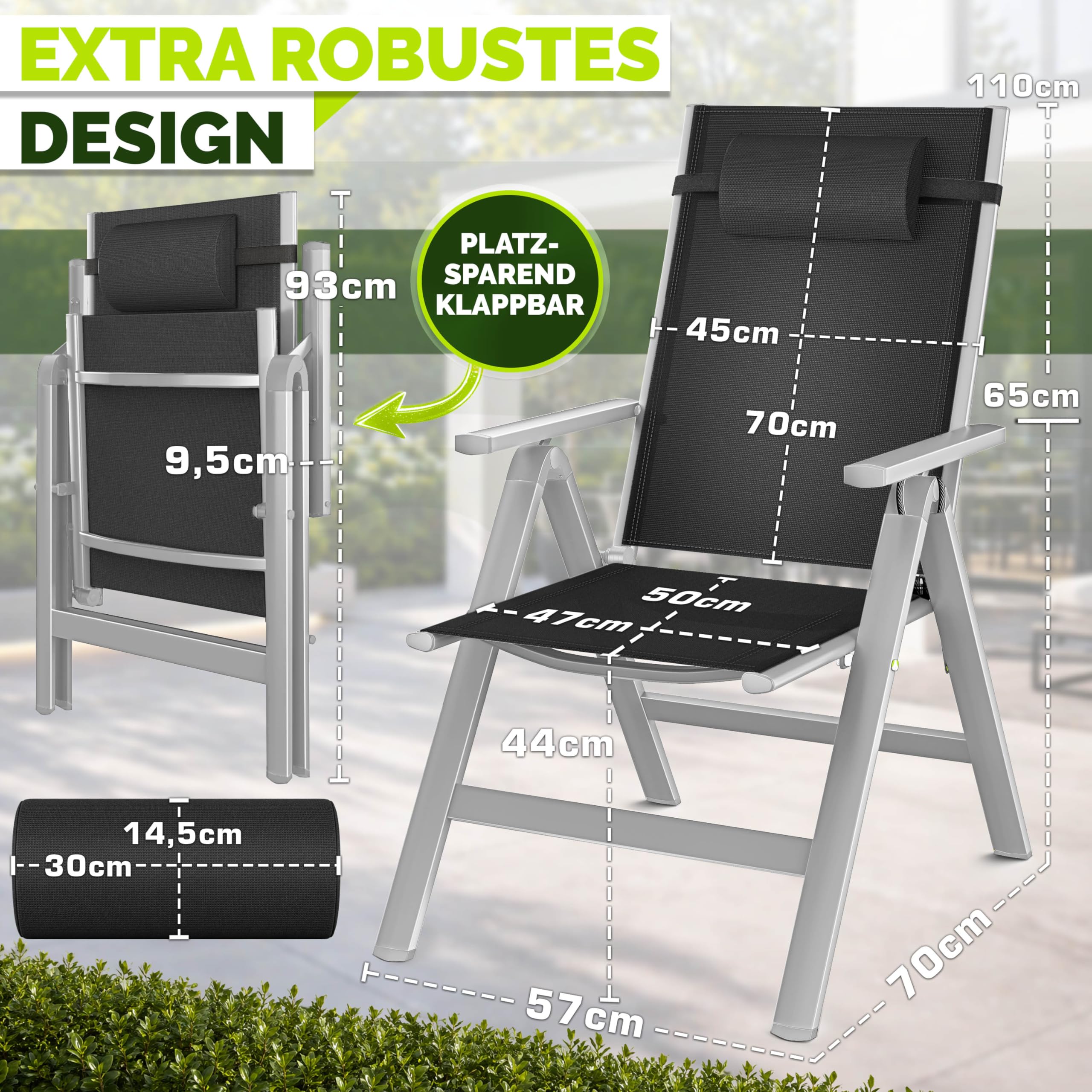 tillvex® Gartenstuhl Hochlehner 6er Set mit Kopfkissen | Klappstuhl mit Armlehnen 7-Fach Verstellbar | Campingstuhl Klappbar Wetterfest | Gartenstühle Aluminium