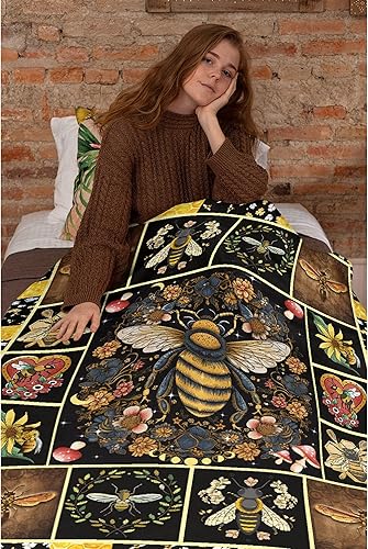 Miniatura 6 de Manta amarilla vintage de abeja de miel, regalos para niñas y niños, suave, mullida, acogedora, Steampunk, animales, flores, hojas, hongos, 50 x 40