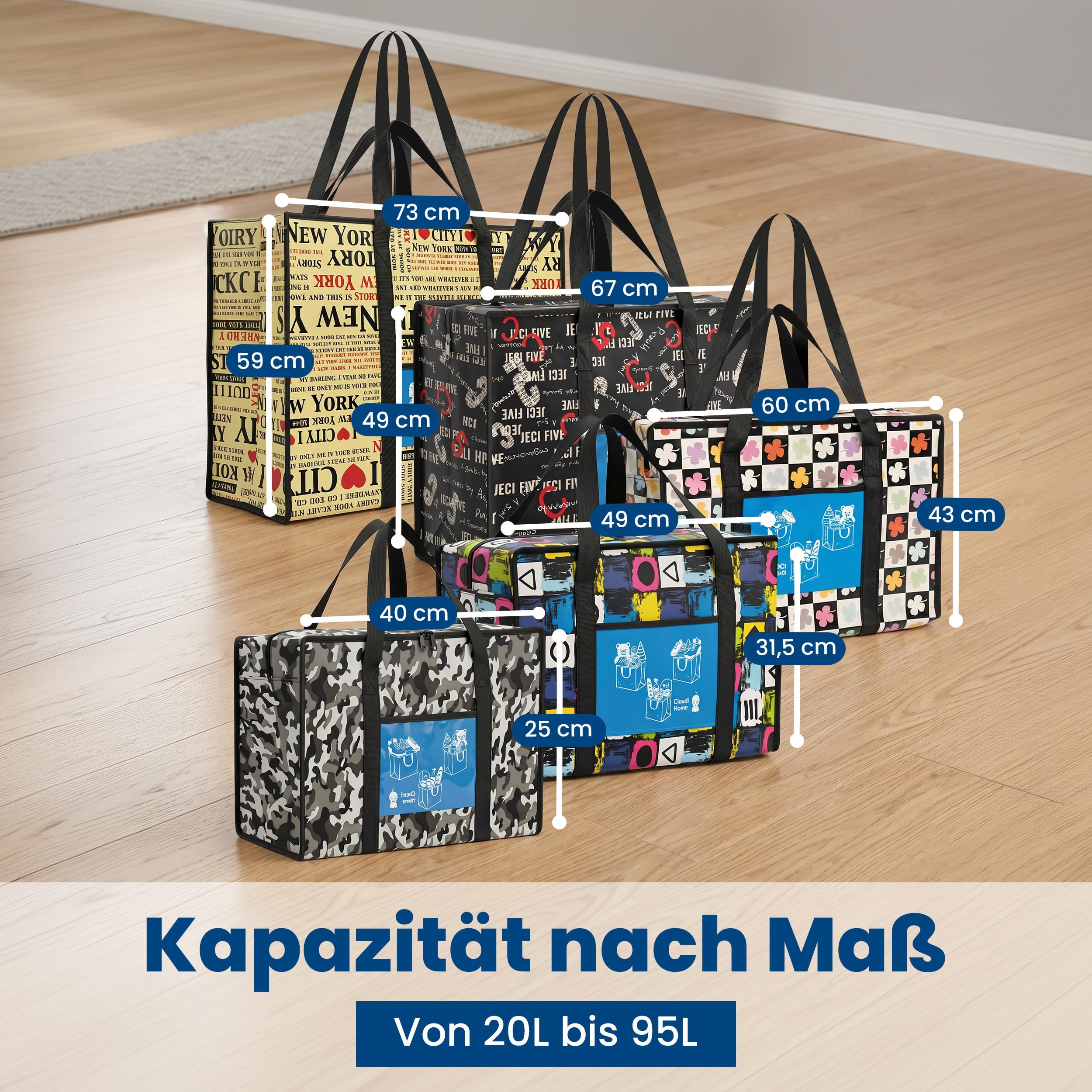 5er-Set XXL Umzugstaschen 100L mit Rucksackfunktion & verstärkten Griffen, extrem robuste Kleidertaschen für Bettdecken, Wäsche. Aufbewahrungstasche für Camping, Reisen & Sport | Claudi Home