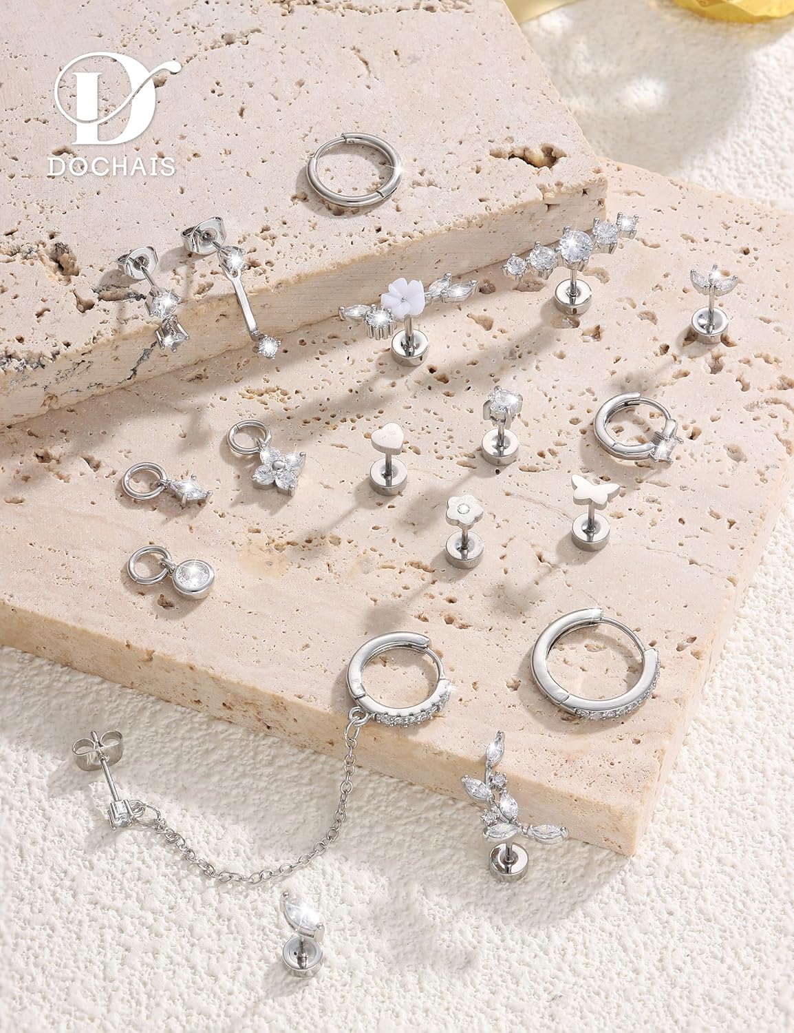 18 PCS Single Cartilage Studs Earrings Women Trendy 14k Gold Plated Flat Back Earings Stacks Dainty Small Pendant Dangle Huggie Hoops Earring Cubic Zirconia Flatback Stud Sets for Multiple Piercing - Image 7