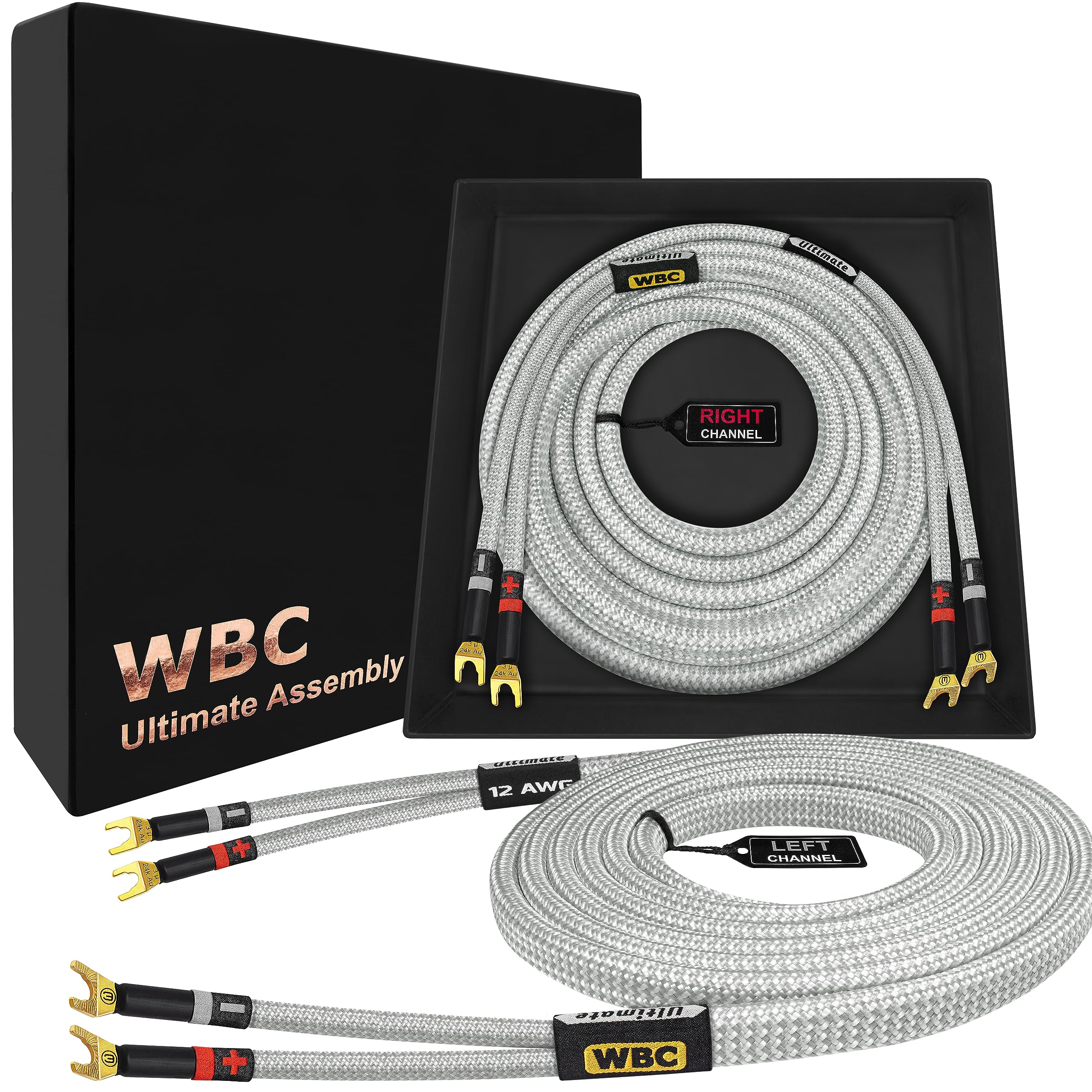 WORLDS BEST CABLES 3 Foot Ultimate - 12 AWG - Ultra-Pure OFC - Premium Audiophile HiFi Speaker Cable Pair with Eminence Spade Plugs & Silver Tweed Jacket