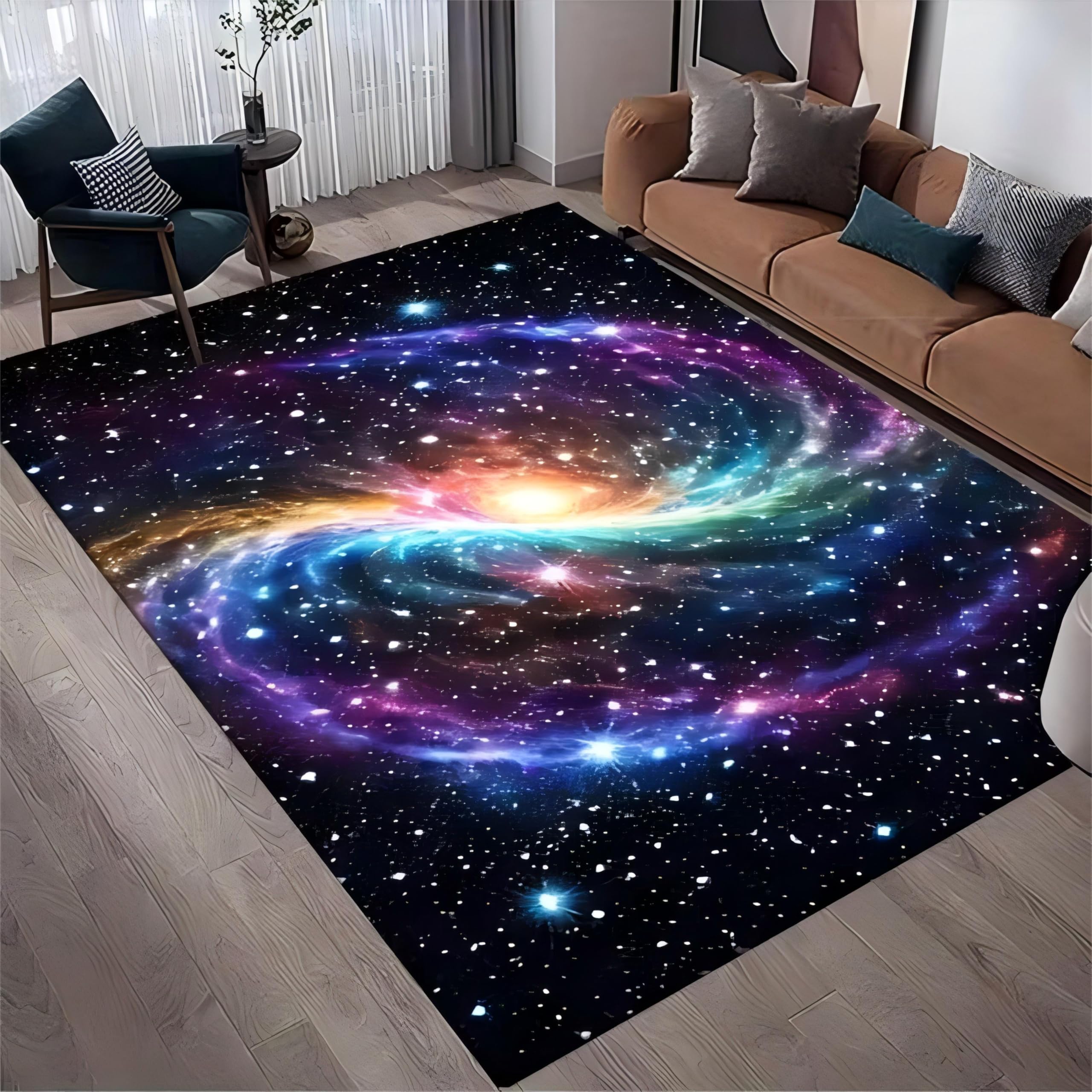 Kuluoits Galaxy Area Rug, 180x230cm Solar System Blue and Purple Outer Space Theme Doormat, Non-slip and Washable Carpet for Children's Bedrooms and Living Rooms, Sparkling Starry Sky Print Rugs — image 1