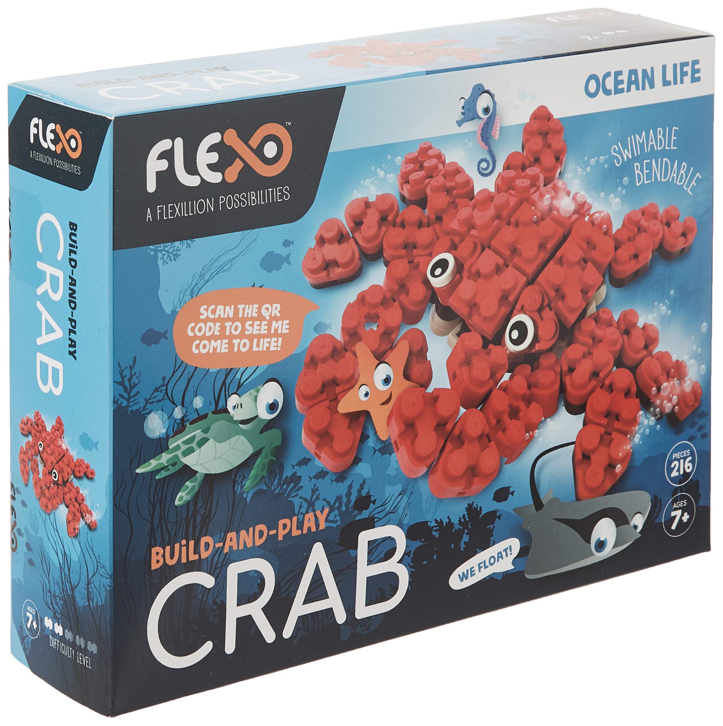 Flexo - Toy Building Brick Set with Flexible 3D Blocks - Fun Ocean Theme Educational Stem Learning for Girls & Boys - Kids Age 7+ - 216 Piece Build Kit - Award Winning Design - Crab Design