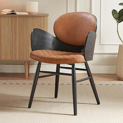 Art Leon Silla de escritorio, moderna de mediados de siglo, silla tapizada de piel sintética con patas de madera para sala de estar, cocina, marco