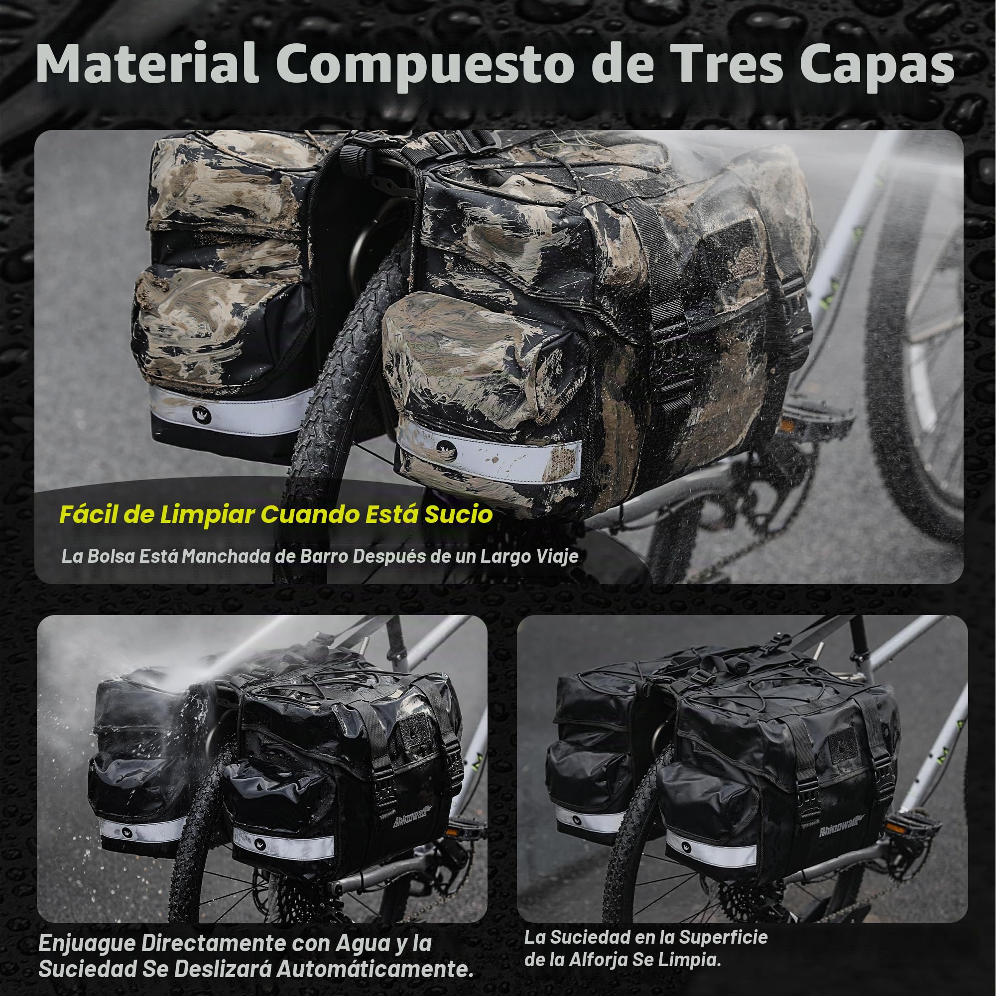 Rhinowalk Bolsa para bicicleta con doble panel para portaequipajes, bolsa para sillín para bicicletas con portaequipajes traseros con asa profesional, accesorio profesional para ciclismo - 40L Negro