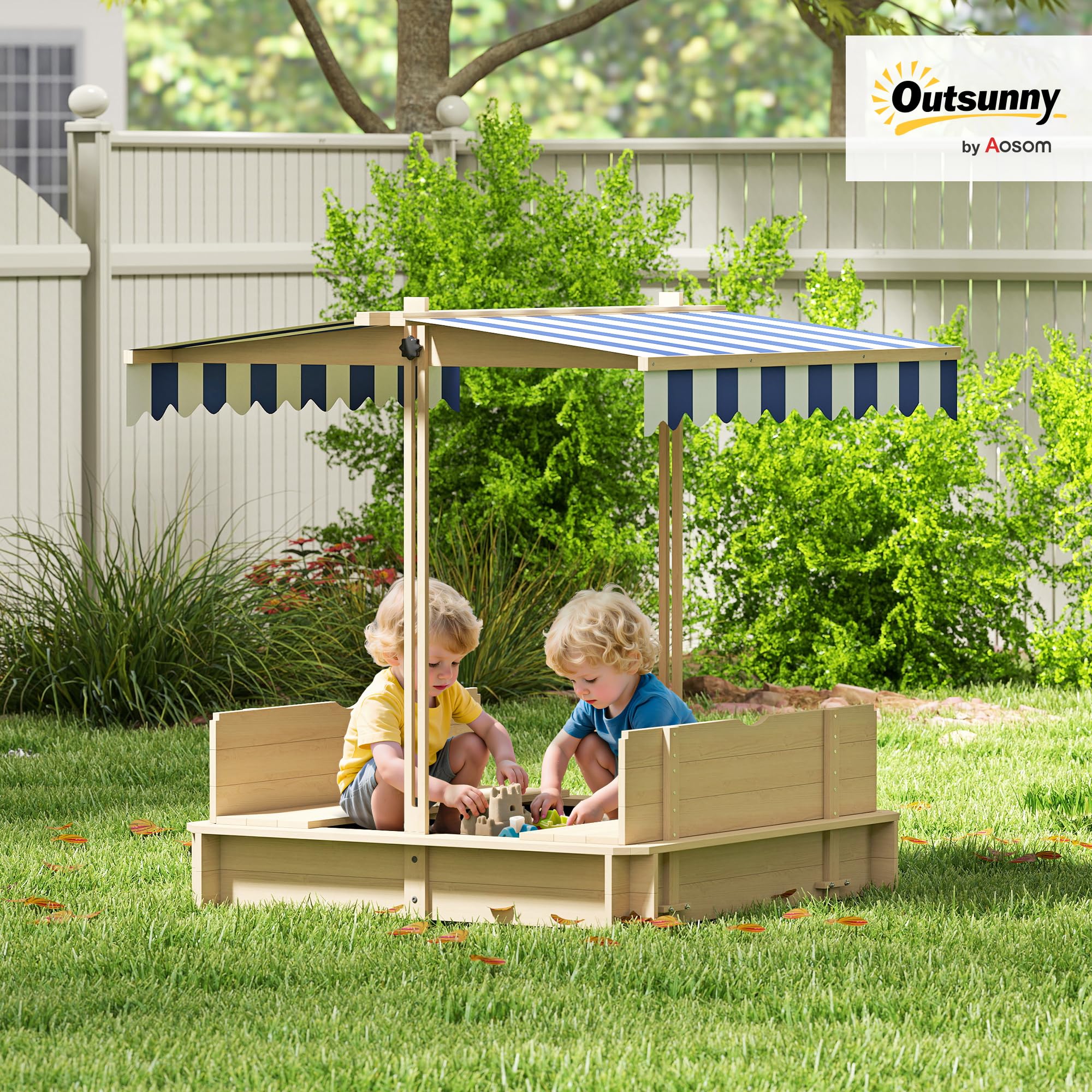 Outsunny Wooden Sandbox with Lid, Kids Sandbox with Canopy Outdoor, Sand Box with Foldable Bench Seats and Sand Protection, Bottom Liner Included, Kids Gift for Aged 3-7, 47X47 in, Natural