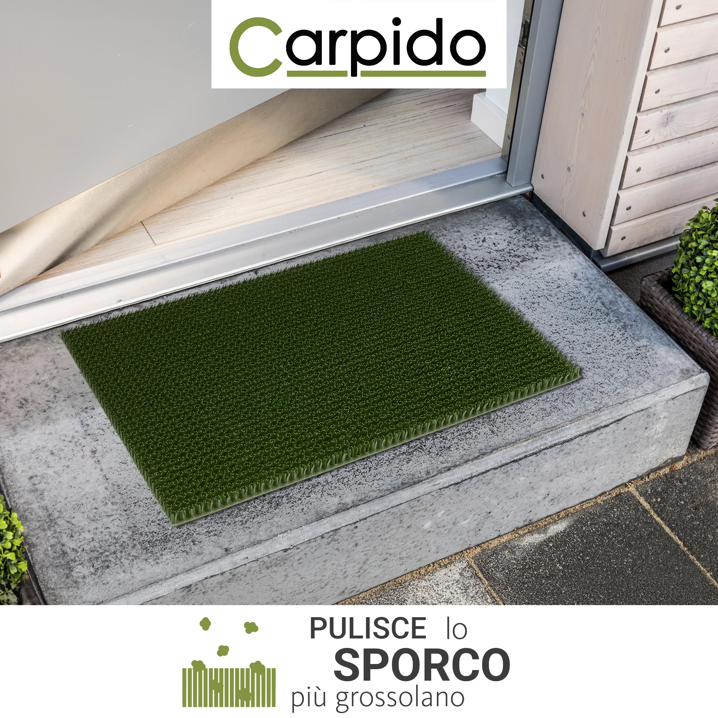 Carpido Zerbino da Esterno Resistente alle Intemperie in Gomma Antiscivolo - Verde Set di 3 40x60 cm - Tappeto Ingresso per Esterni Trattiene Sporco e Umidità