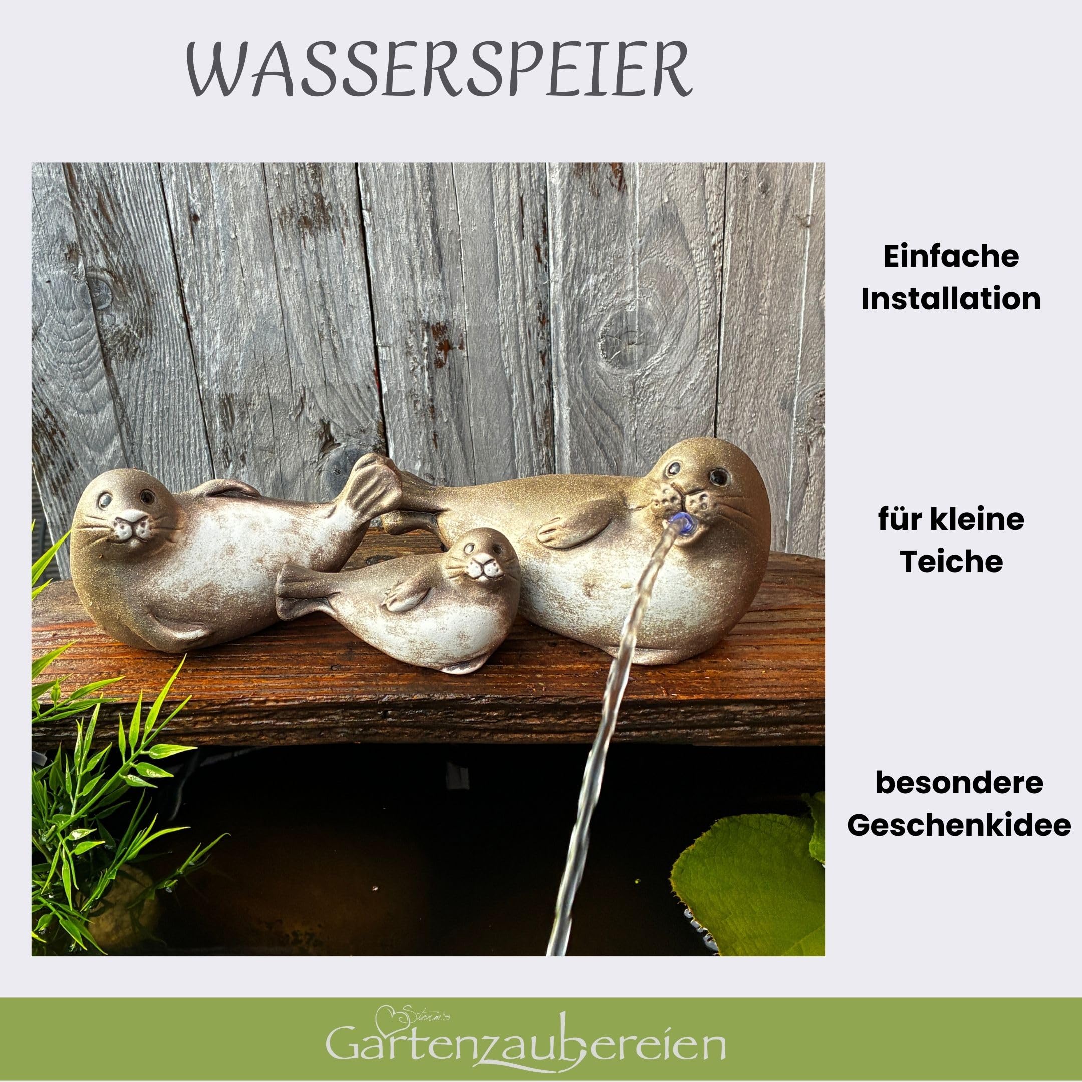 Storm's Gartenzaubereien Maritimes Wasserspeier Robben Set – 3er Set Robbenfamilie aus Keramik inkl. Pumpe – Dekofiguren für Miniteich, Balkon und Garten – Energieeffiziente Teichdeko mit 1,8m Kabel