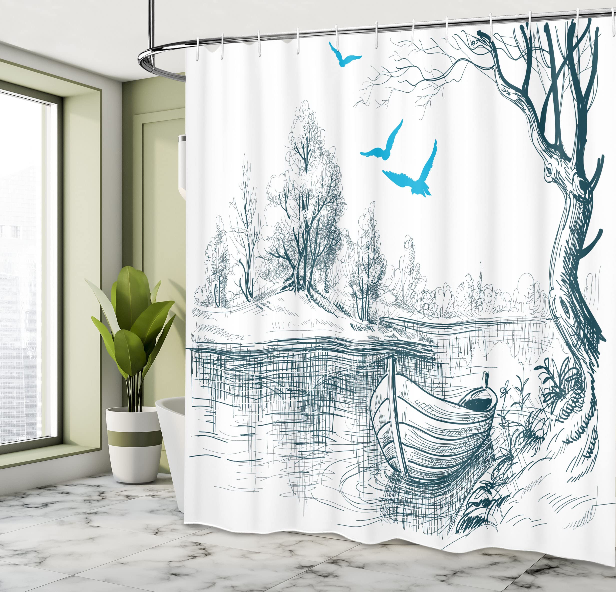 ABAKUHAUS Landscape Shower Curtain, Boat on Calm River Trees Birds Twigs Sketch Drawing Clipart Water Minimalist - Image 4