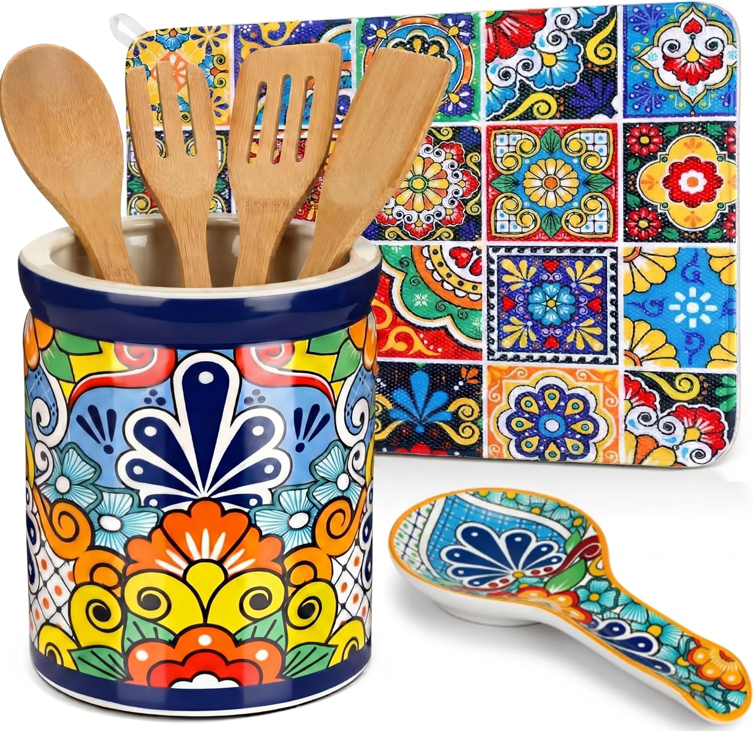 Talavera Mexican Utensil Holder Set with Ceramic Spoon Rest & Talavera Dish Drying Mat, Colorful Mexican Pottery Kitchen Counter Decor