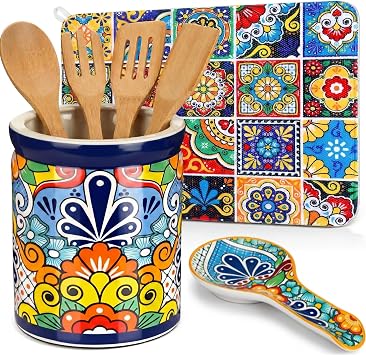 Talavera Mexican Utensil Holder Set with Ceramic Spoon Rest & Talavera Dish Drying Mat, Colorful Mexican Pottery Kitchen Counter Decor